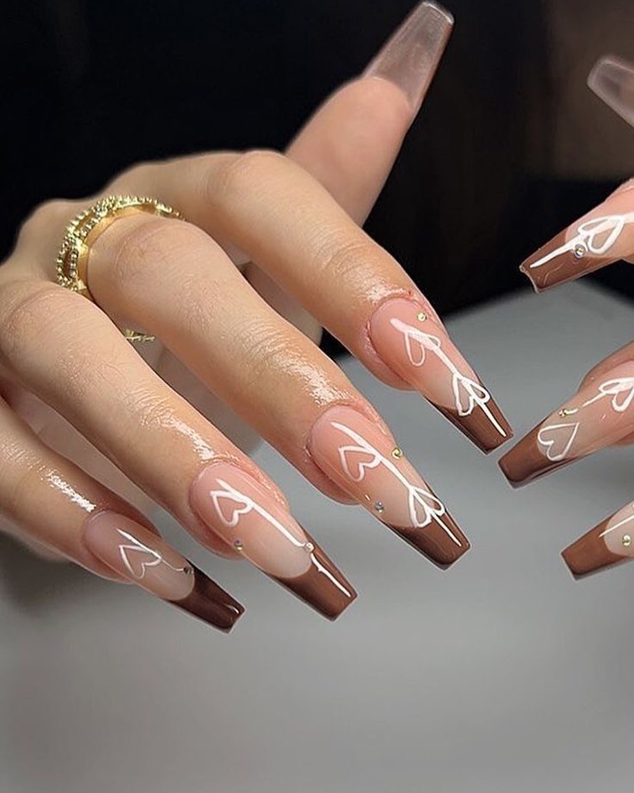 Chocolate Ombre French Heart Coffin Nails