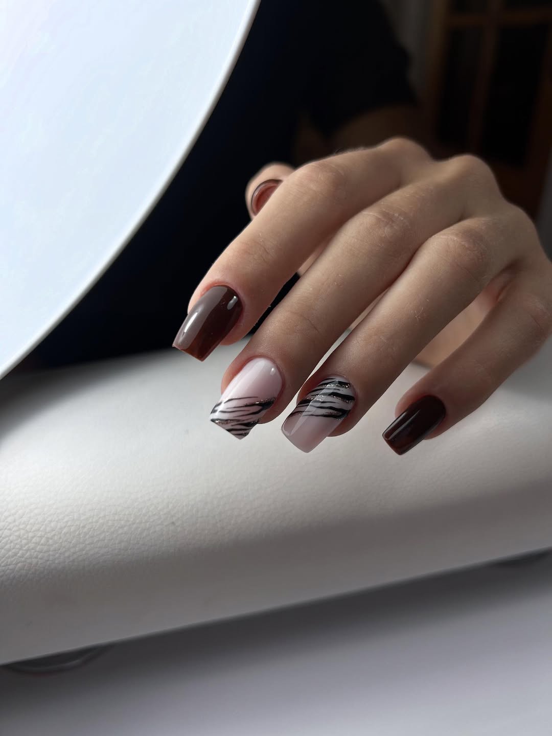 Chocolate Swirl French Tip Square Nails