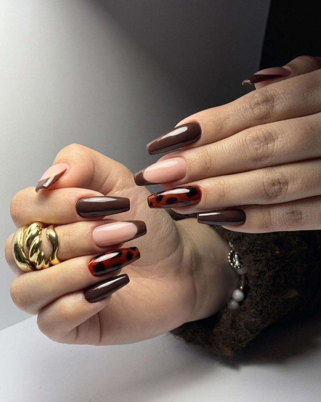 Chocolate Tortoiseshell French Coffin Nails