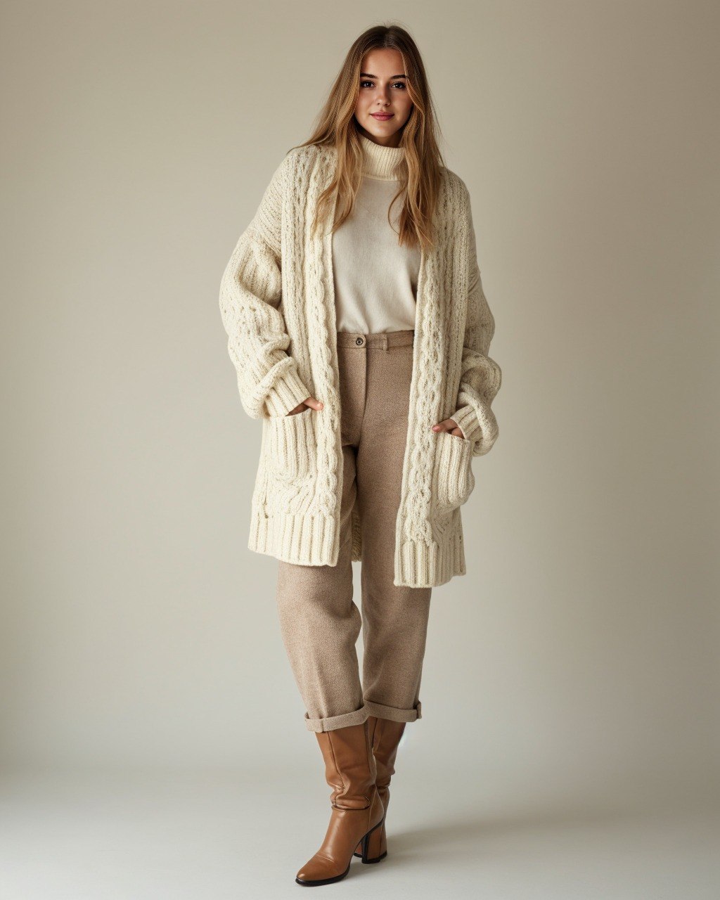 27 Cardigan Outfit Ideas You Need for 2026 22 Chunky Cable Knit Cardigan With Tan Trousers
