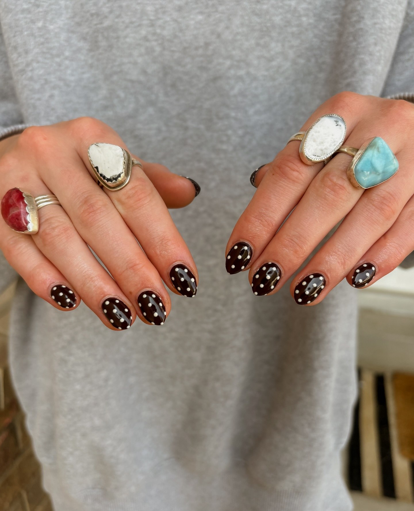 Classic Dark Chocolate Polka Dot Almond Nails
