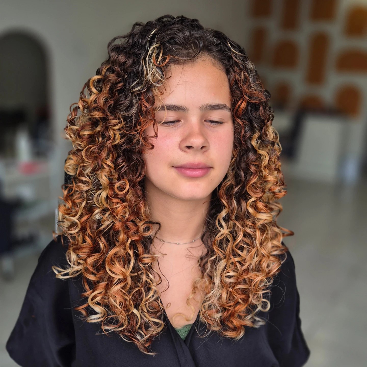 29 Calico Hair Color Styles You Need to See for 2026 26 Copper and Honey Balayage on Curly Hair