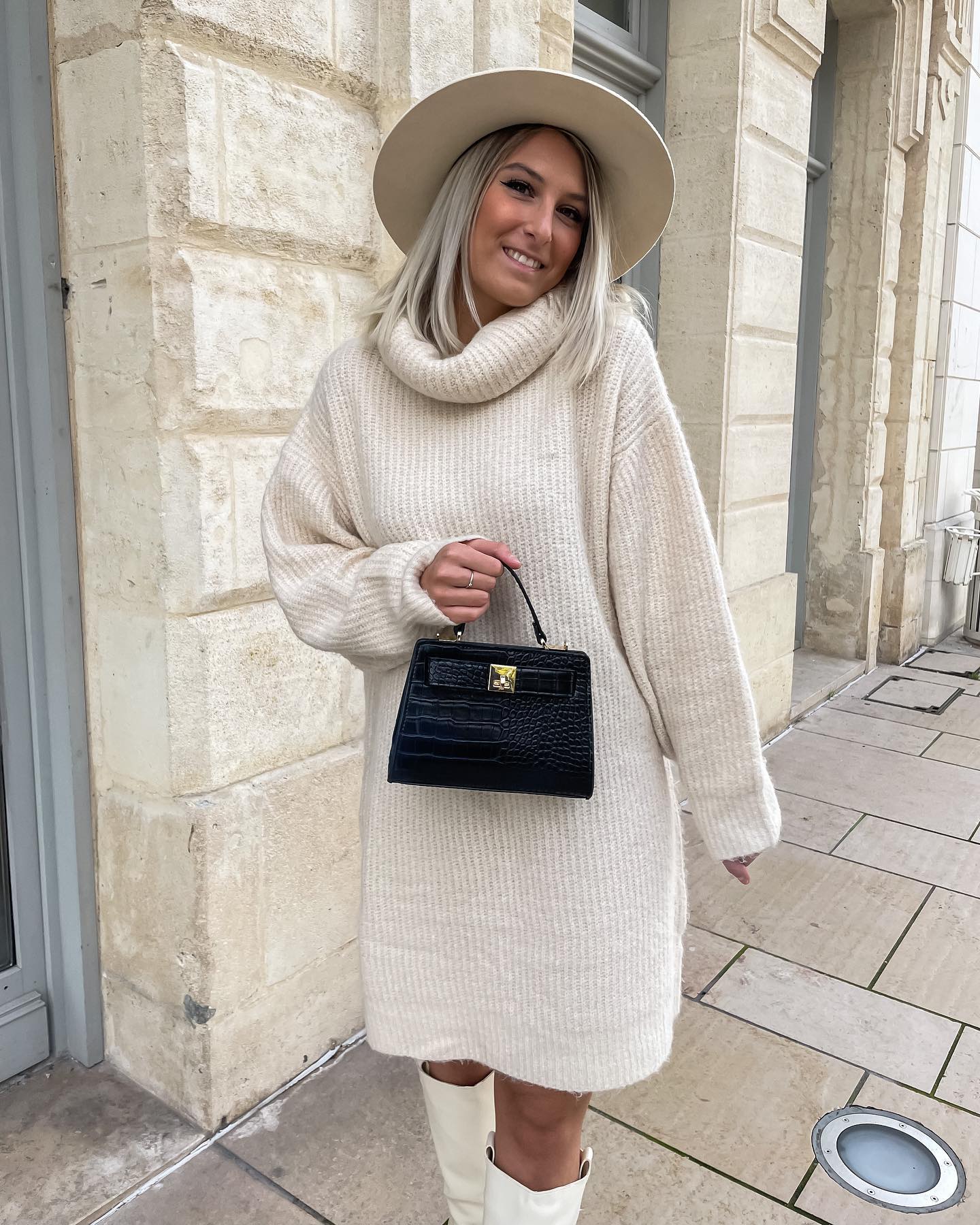 25 Fall Birthday Outfit Ideas You Need for 2026 13 Cozy Cream Knit Sweater Dress With White Boots