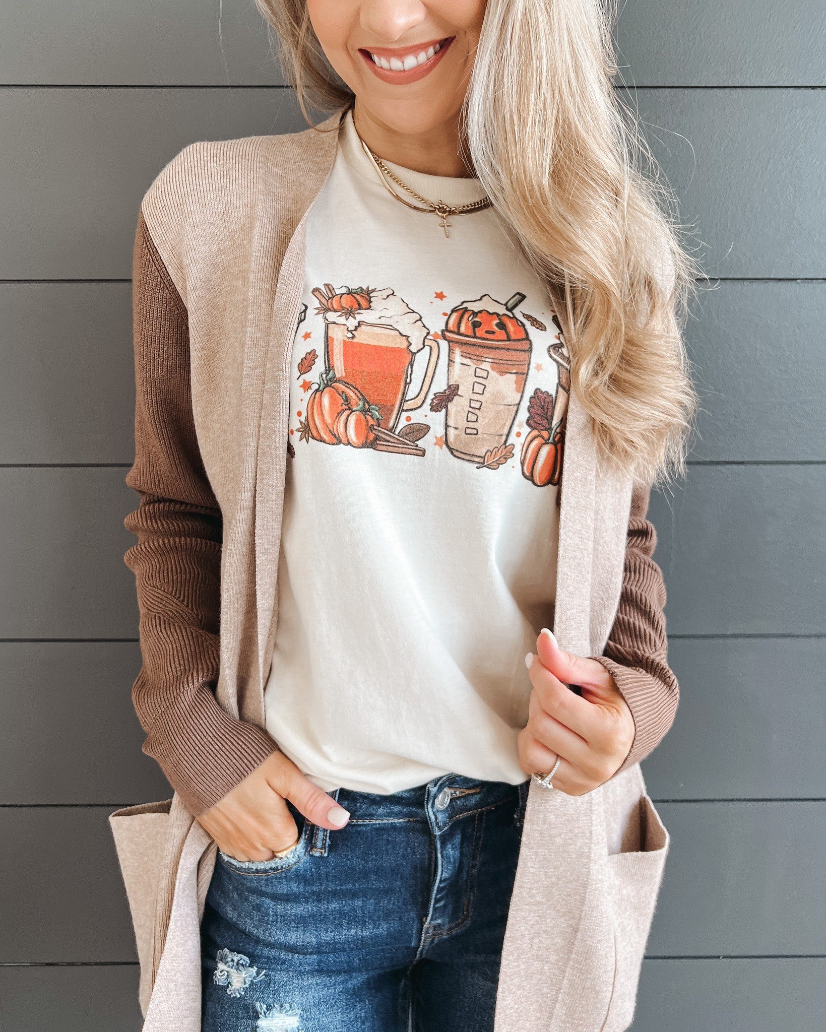 27 Cardigan Outfit Ideas You Need for 2026 6 Cozy Fall Graphic Tee And Colorblock Cardigan Combo