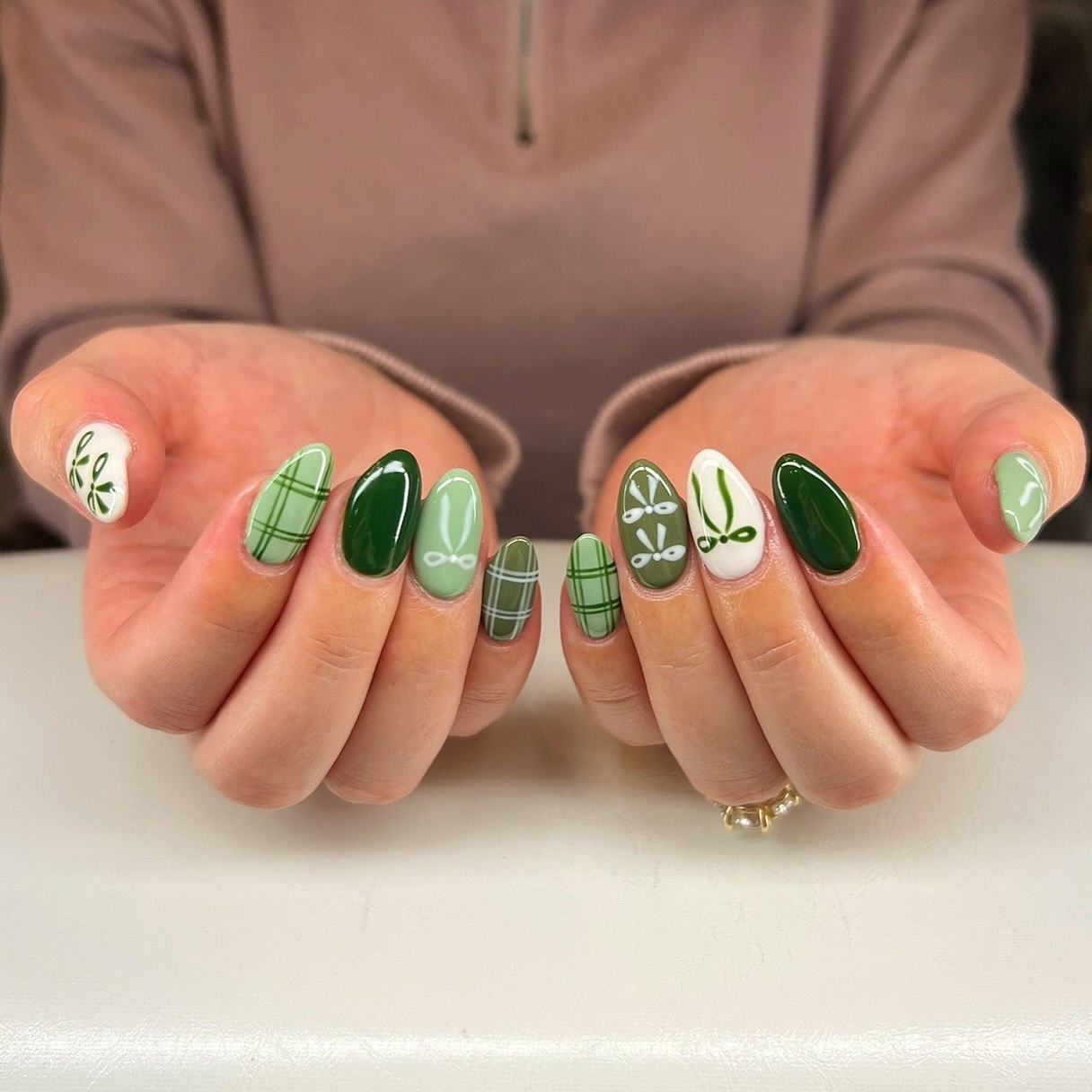 Cozy Green Plaid and Bow Almond Nails