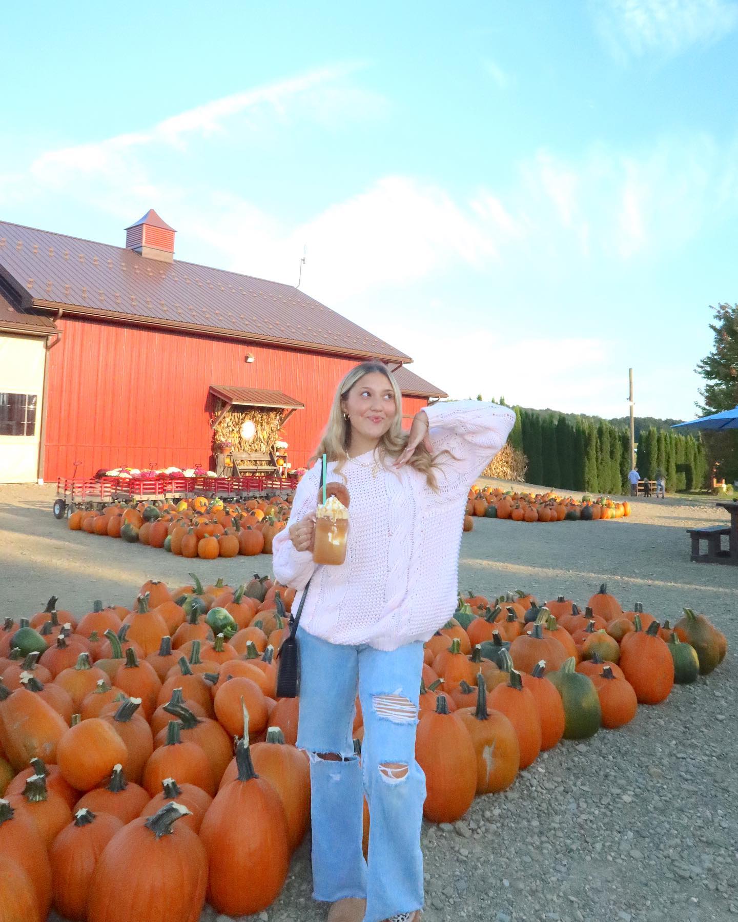 25 Fall Festival Outfits You Need for 2026 12 Cozy Pink Sweater With Ripped Denim at Pumpkin Patch