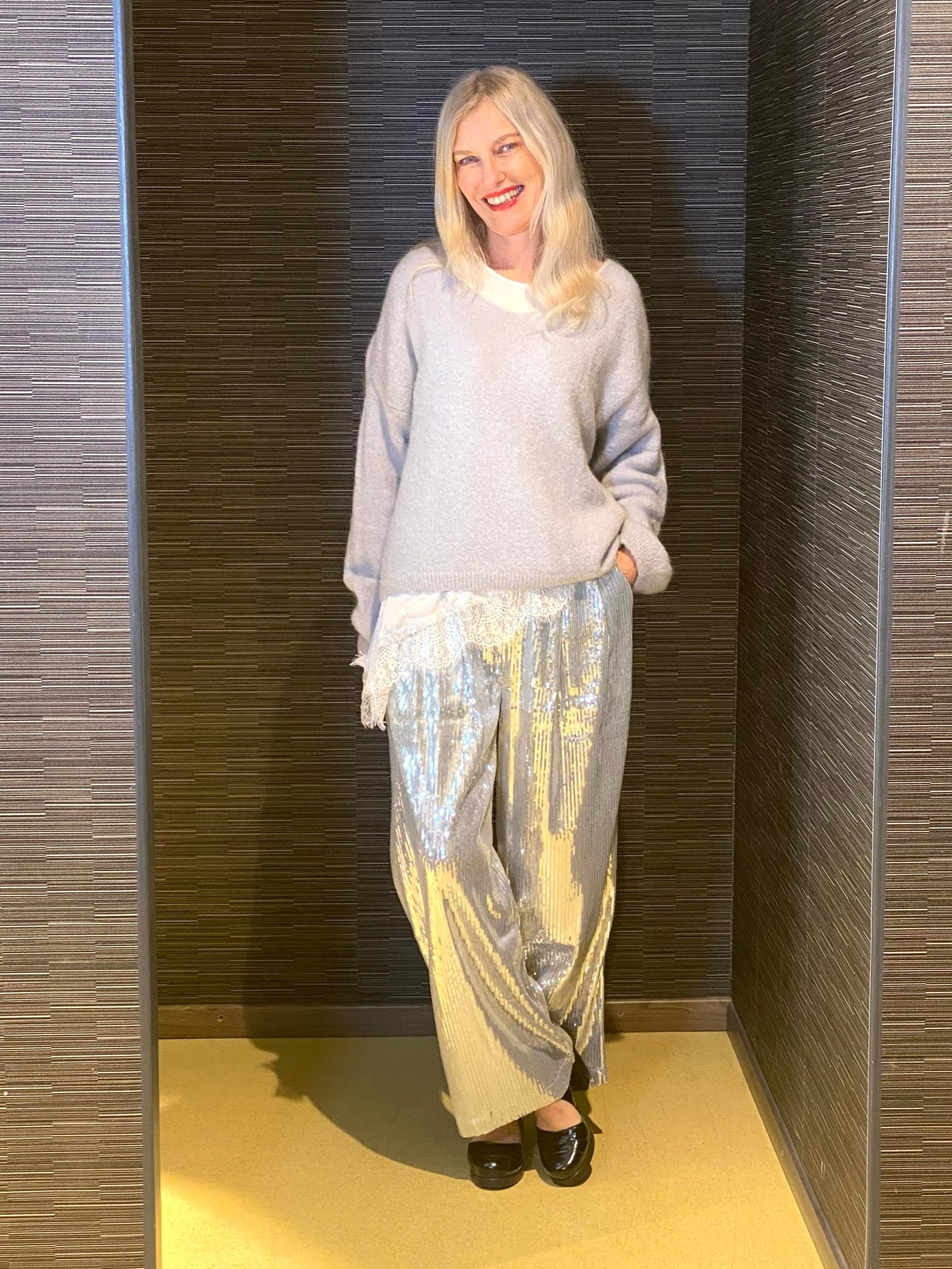 25 Fall Party Outfit Ideas You Need for 2026 13 Cozy Sweater Meets Sparkly Sequins Party Look