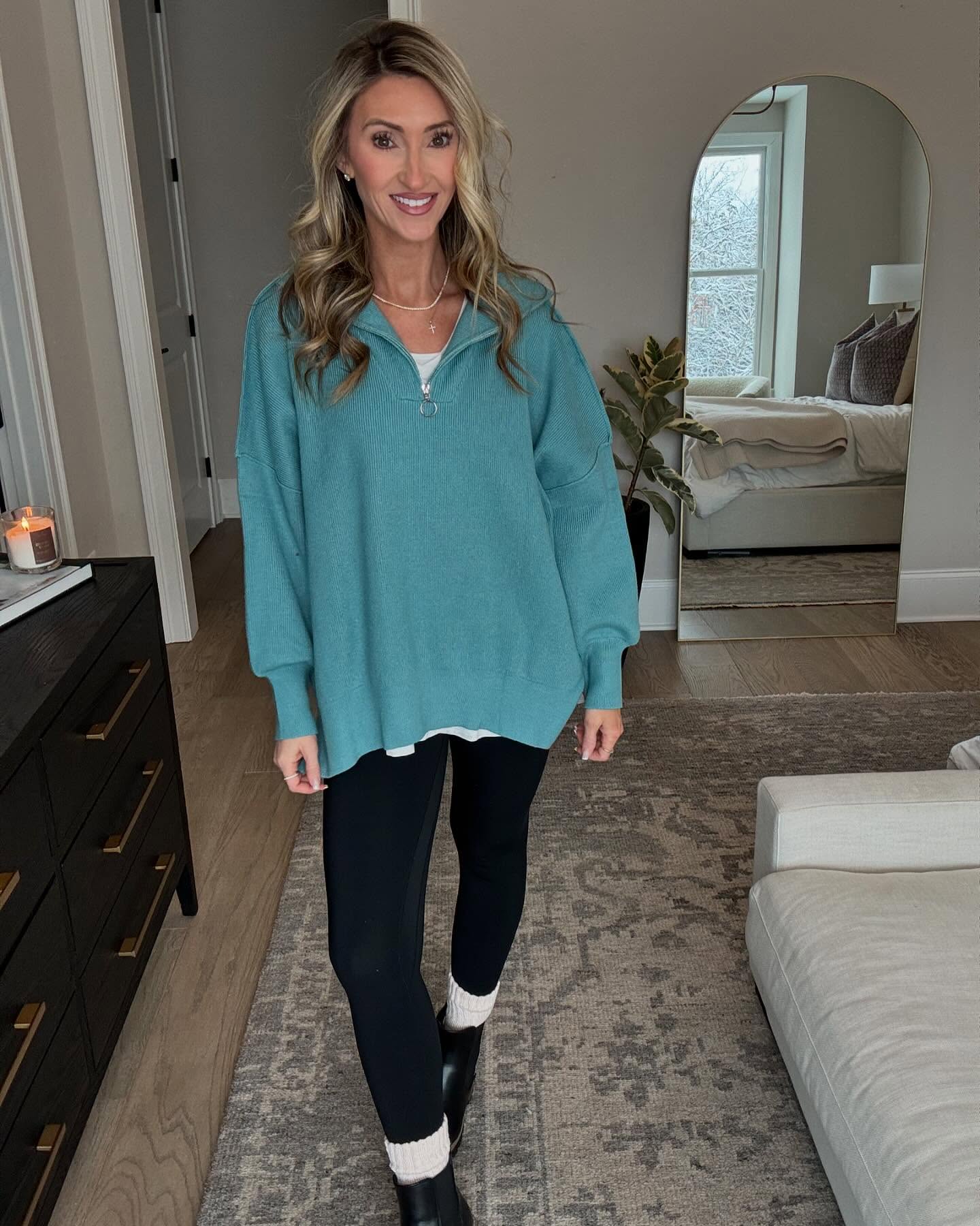 27 Leggings Outfits for 2026 You Need to See Now 22 Cozy Teal Quarter-Zip Layering With Black Leggings