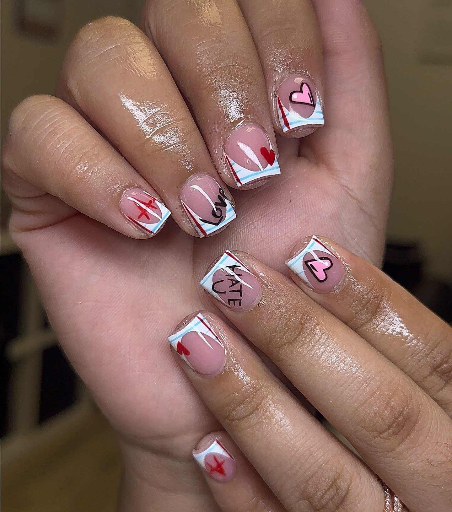 27 Back to School Nail Ideas for Teens 2026 24 Cute Hearts and 'Hate You' Note French Tips