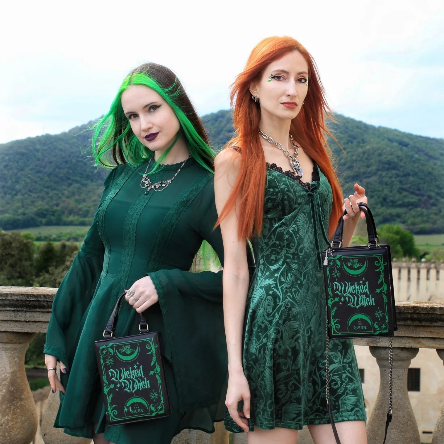 25 Witchy Outfit Ideas for 2026 16 Dark Emerald Mini Dress With Witchy Book Bag