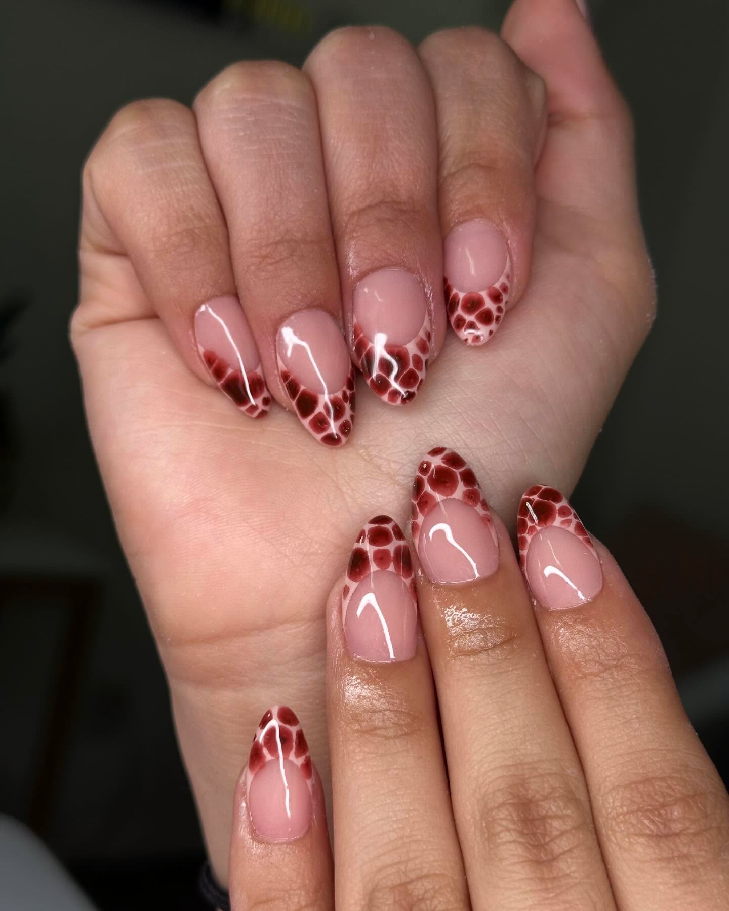 Dark Red Tortoiseshell French Almond Nails