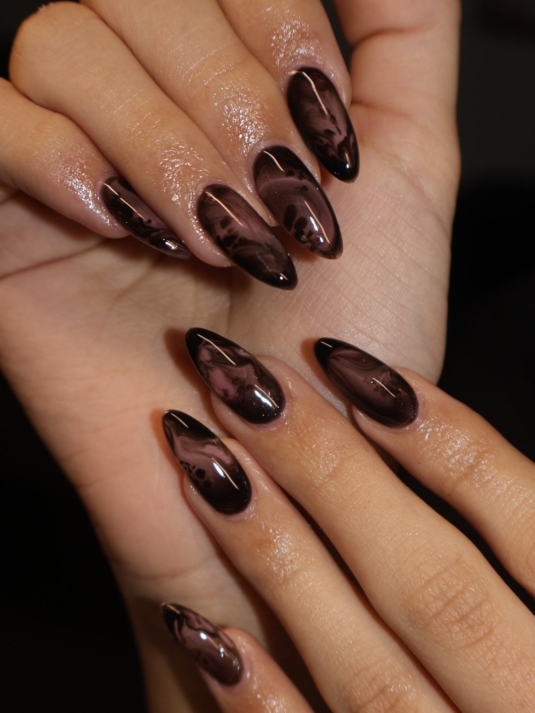 Deep Brown Swirl Aura Almond Nails