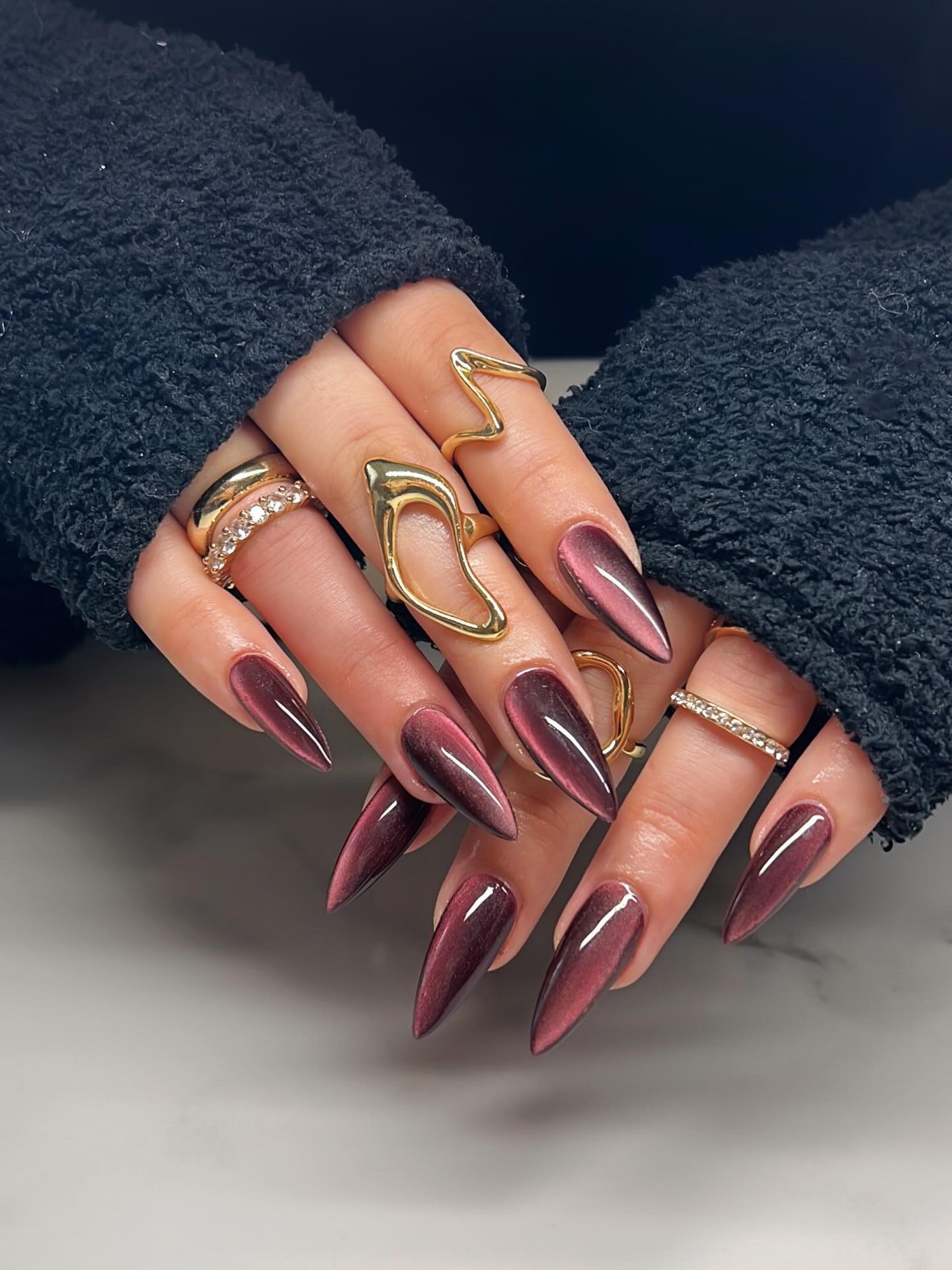 Deep Burgundy Cat Eye Stiletto Nails