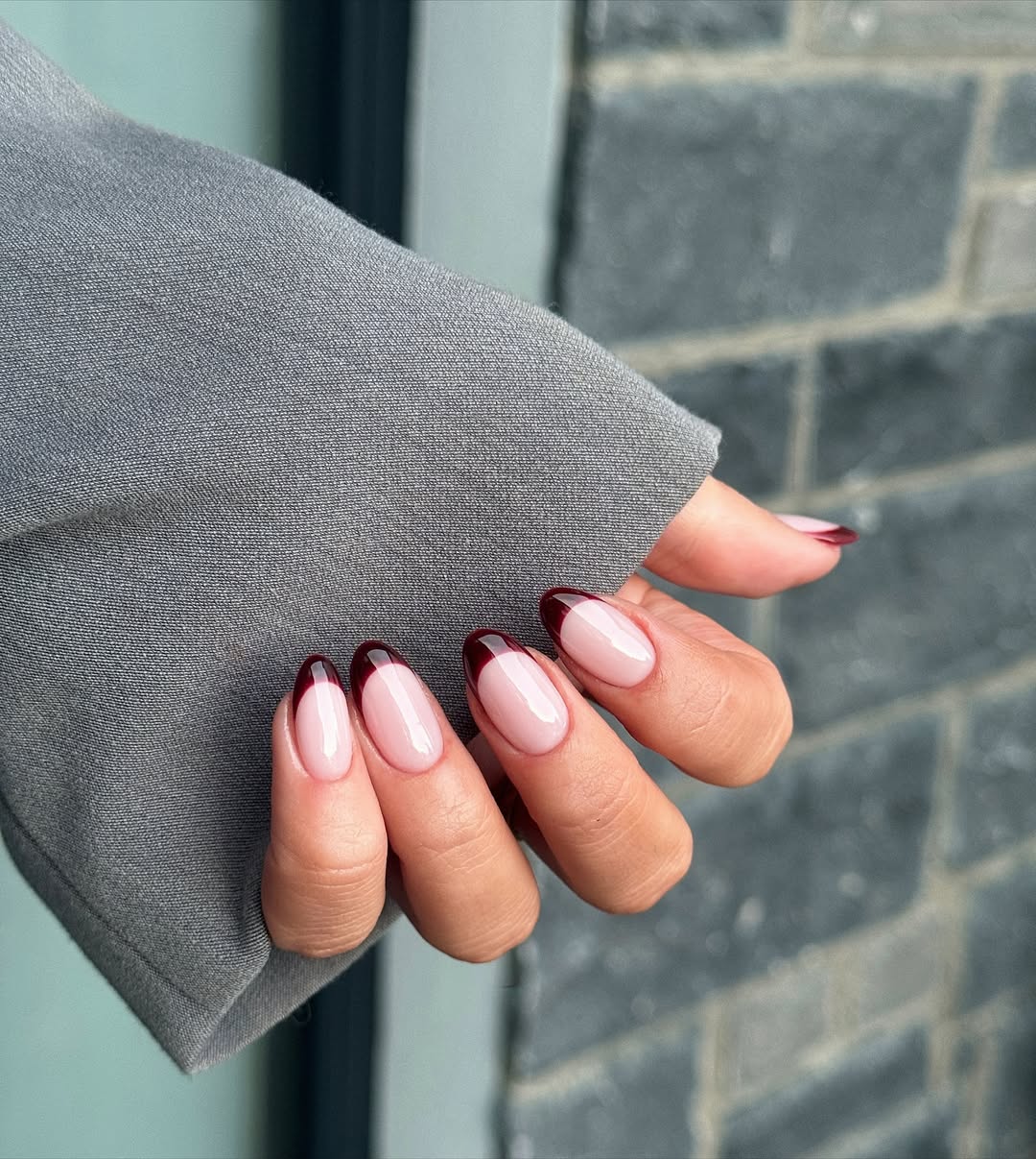 Deep Burgundy French Almond Nails