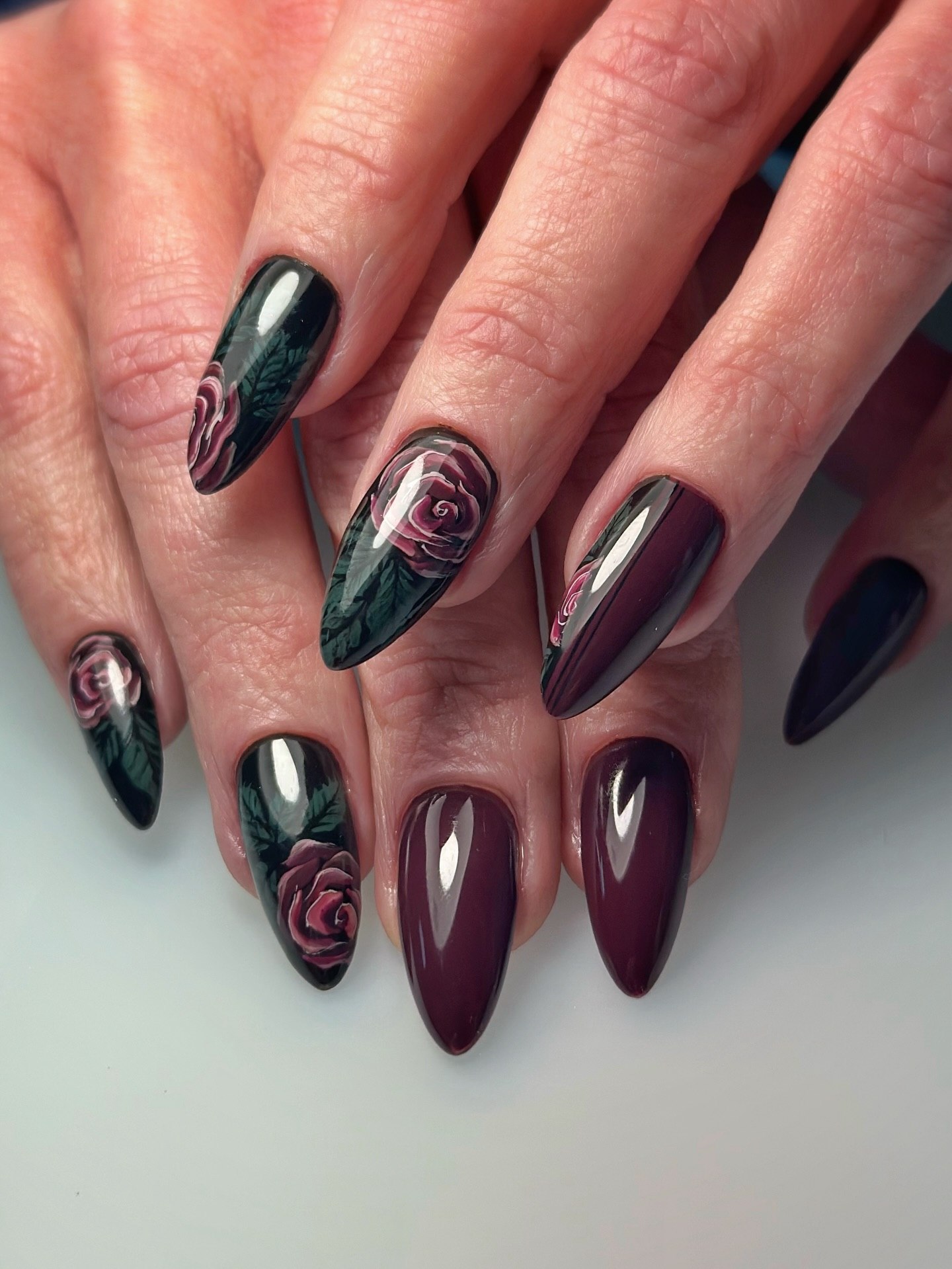 Deep Burgundy Rose Almond Nails