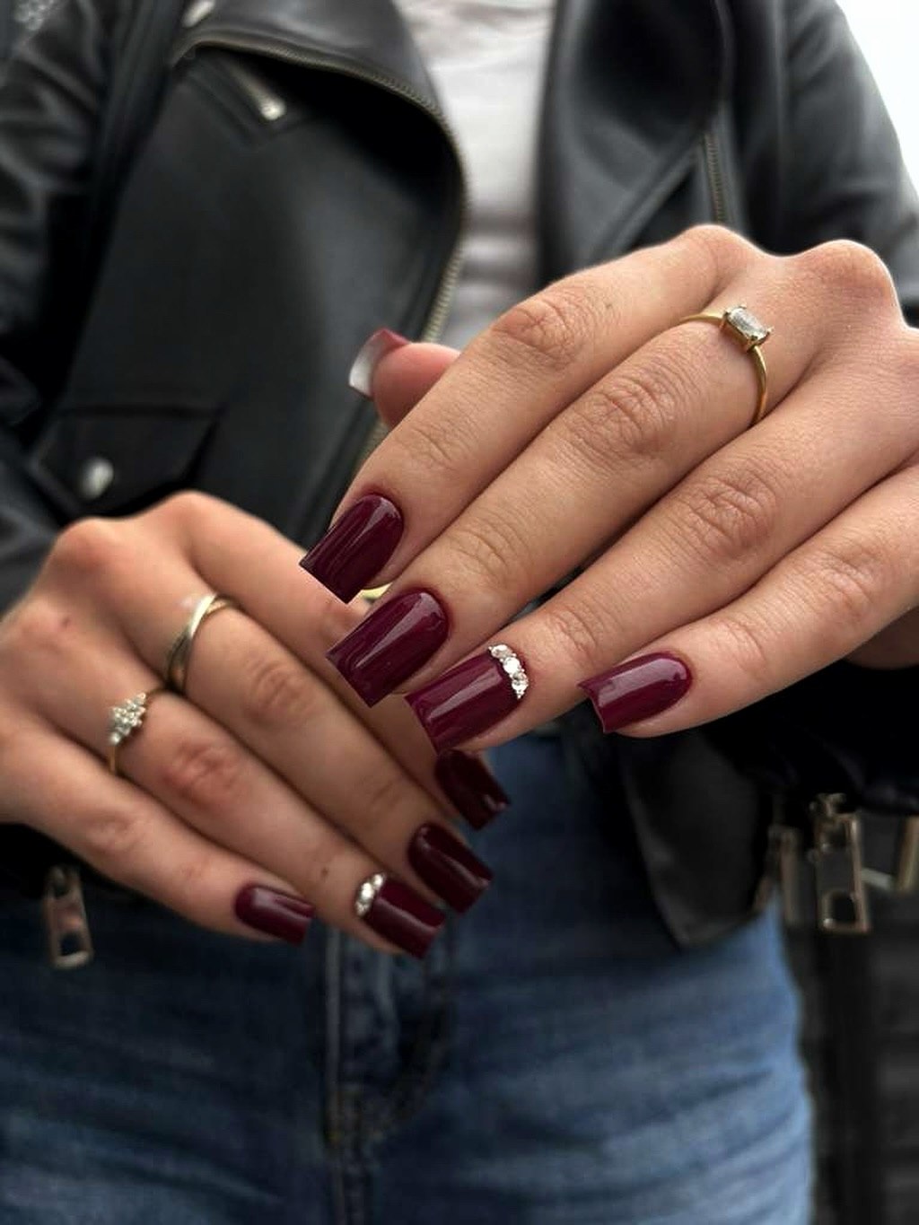 Deep Burgundy Square Nails with Crystal Accents