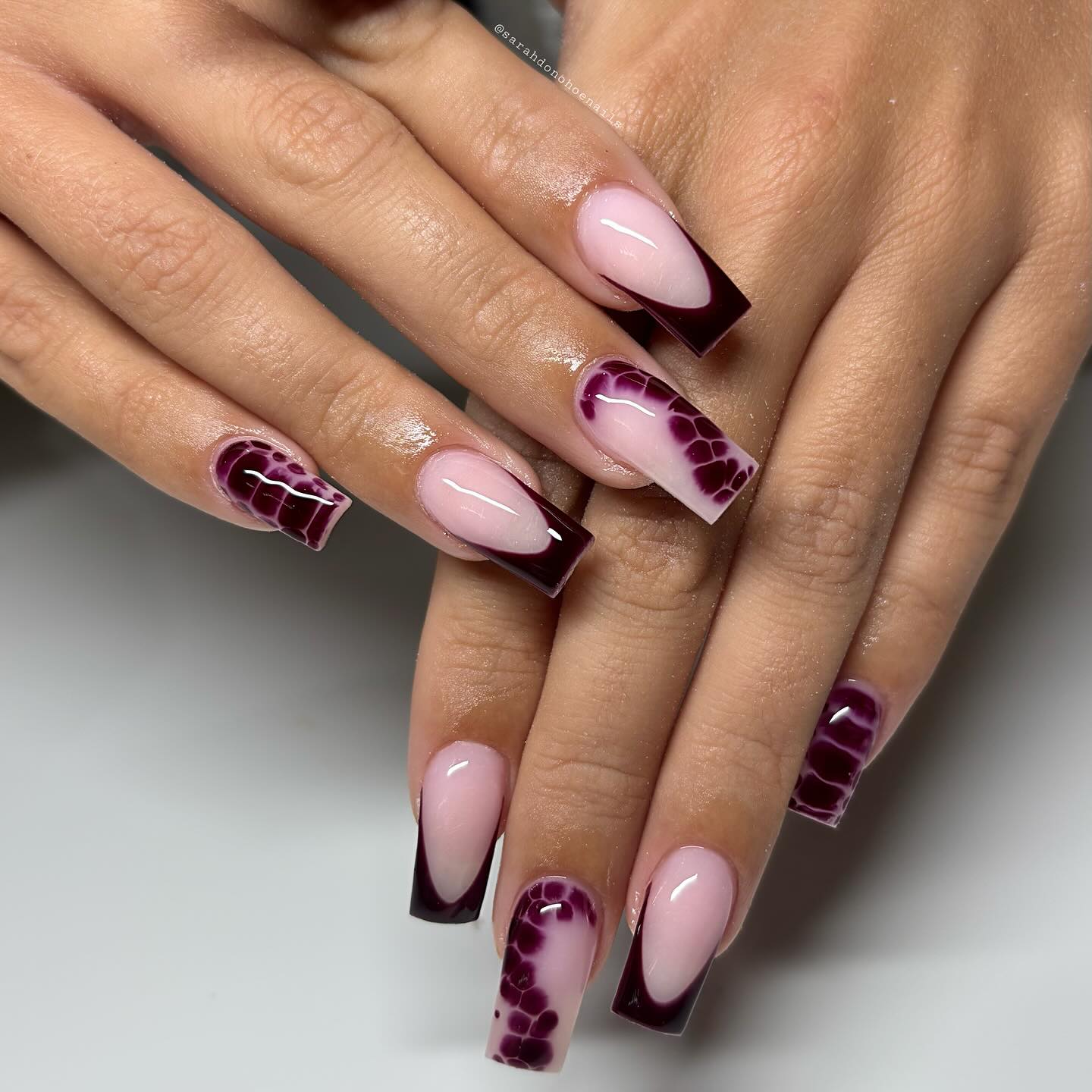 Deep Burgundy Swirl French Square Nails