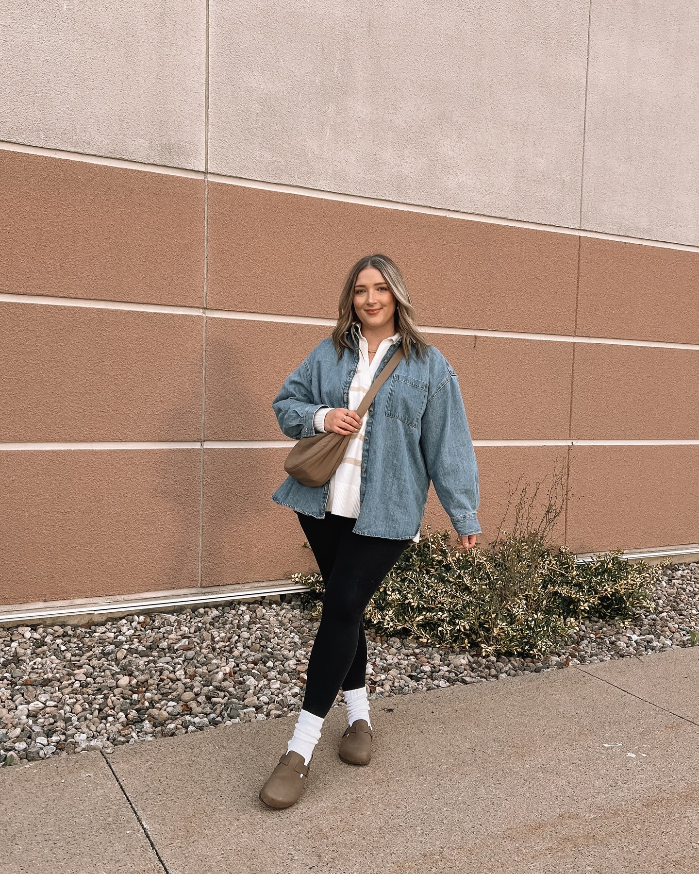 27 Leggings Outfits for 2026 You Need to See Now 14 Denim Shacket Over Striped Knit With Black Leggings