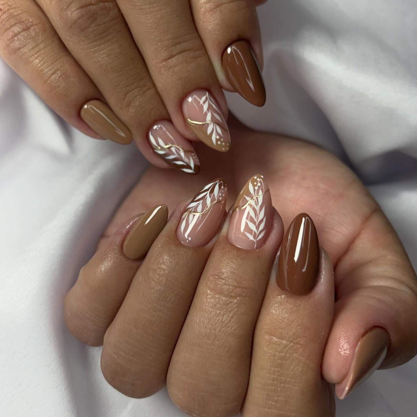 Earthy Almond Brown Leaf Art with Gold Accents