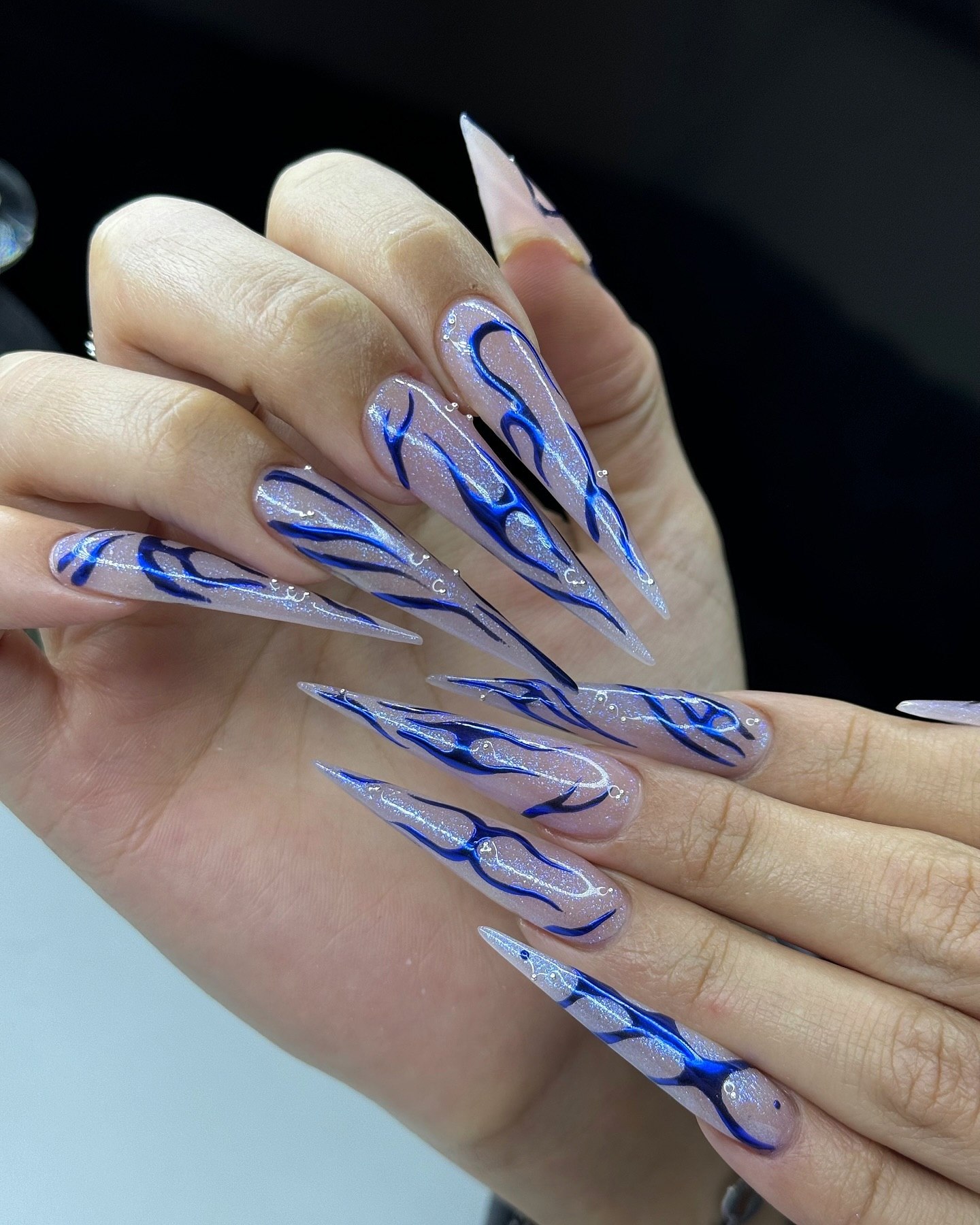 Electric Blue Flame Stiletto Nails with Glitter