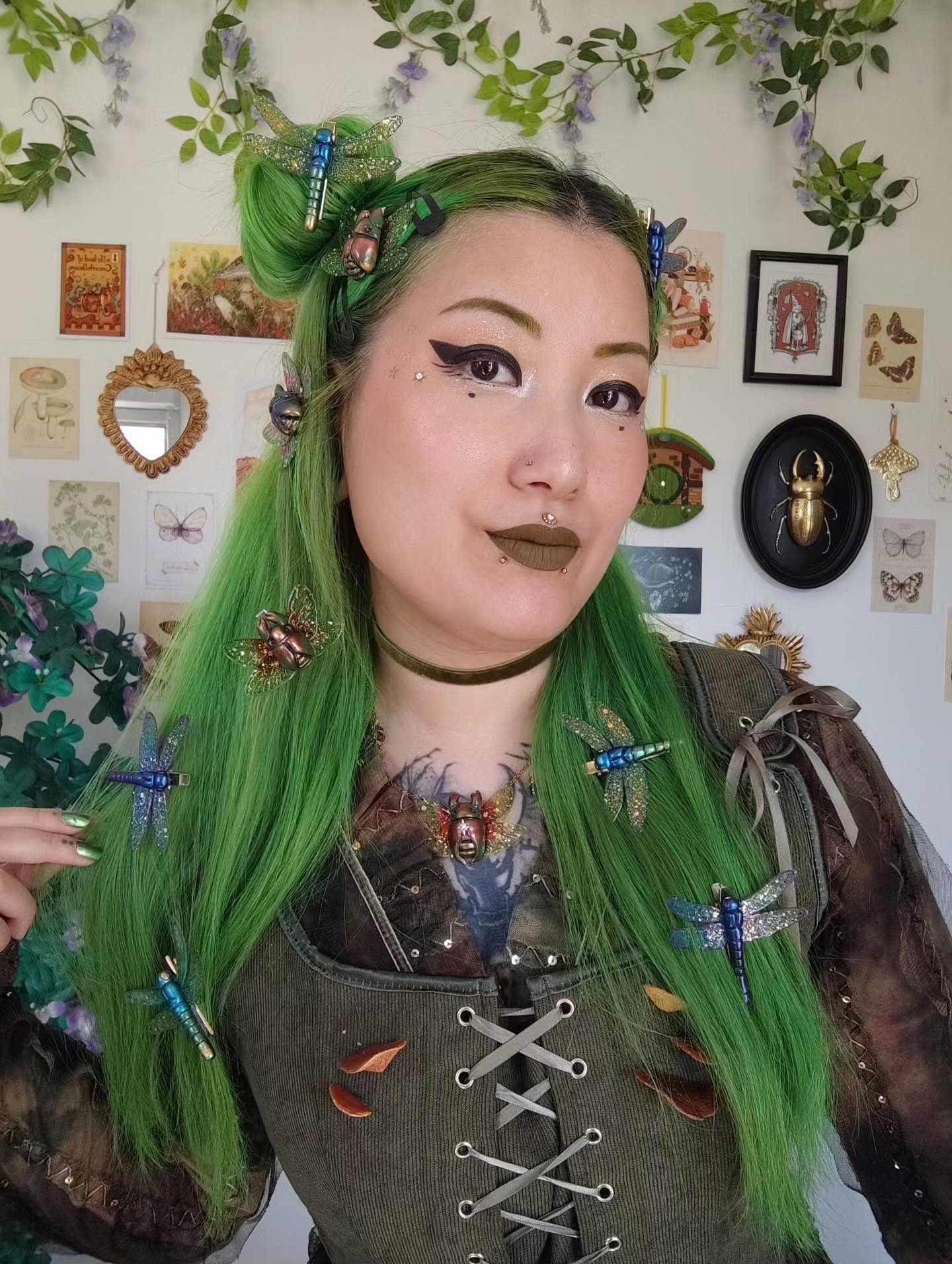 25 Witch Hairstyles 2026: Enchant Your Look 15 Enchanted Forest Green Hair With Insect Adornments