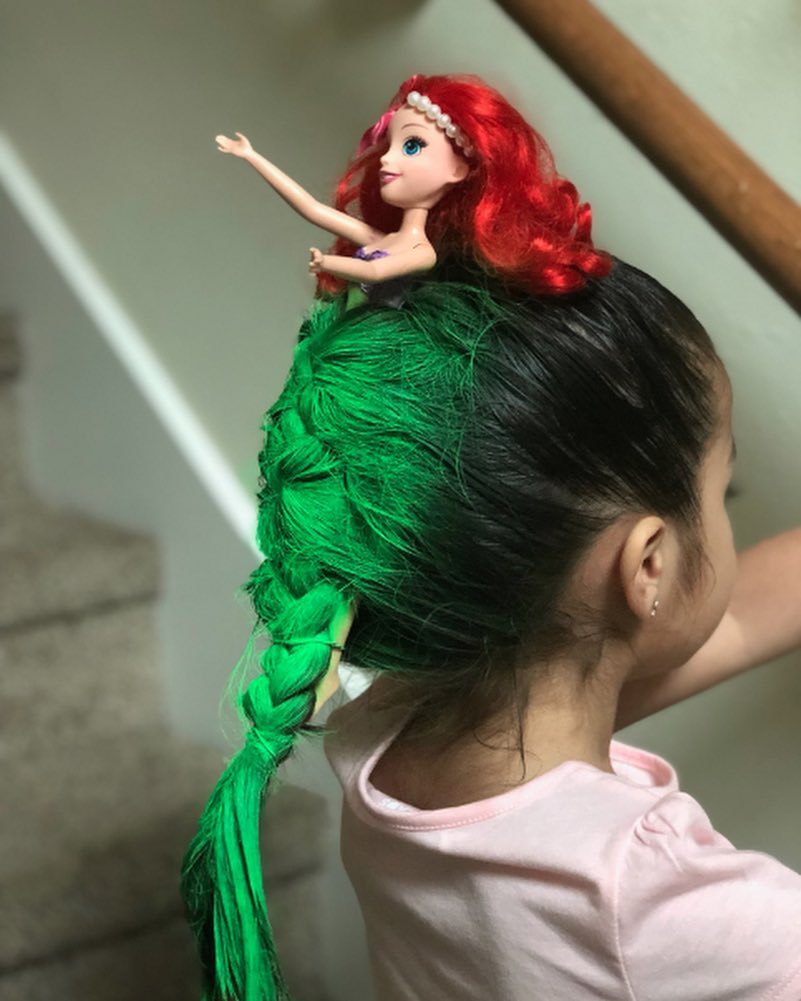 27 Spooktacular Halloween Hairstyles for Kids 2026 18 Fantasy Green Mermaid Braid With Ariel Doll