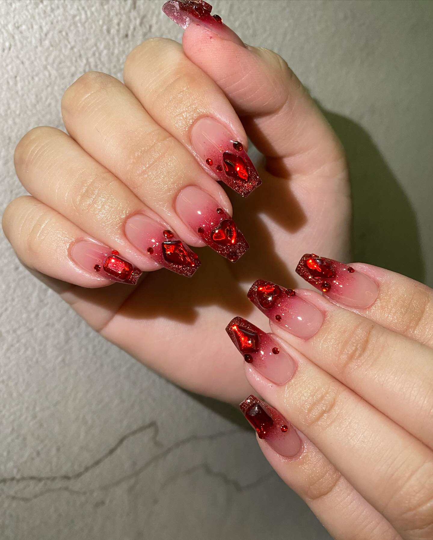 Gemstone Red Ombre Chrome Coffin Nails
