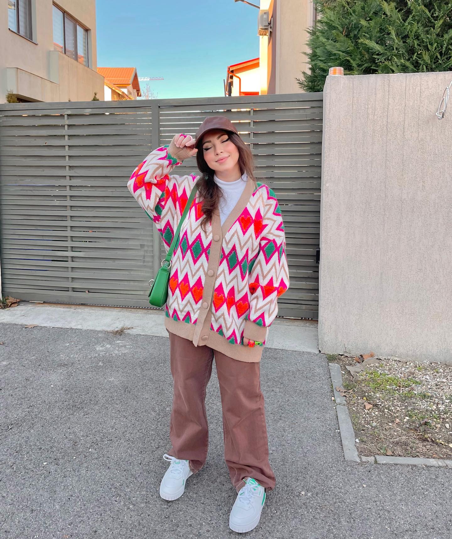 27 Cardigan Outfit Ideas You Need for 2026 28 Geometric Cardigan With Brown Trouser Street Style