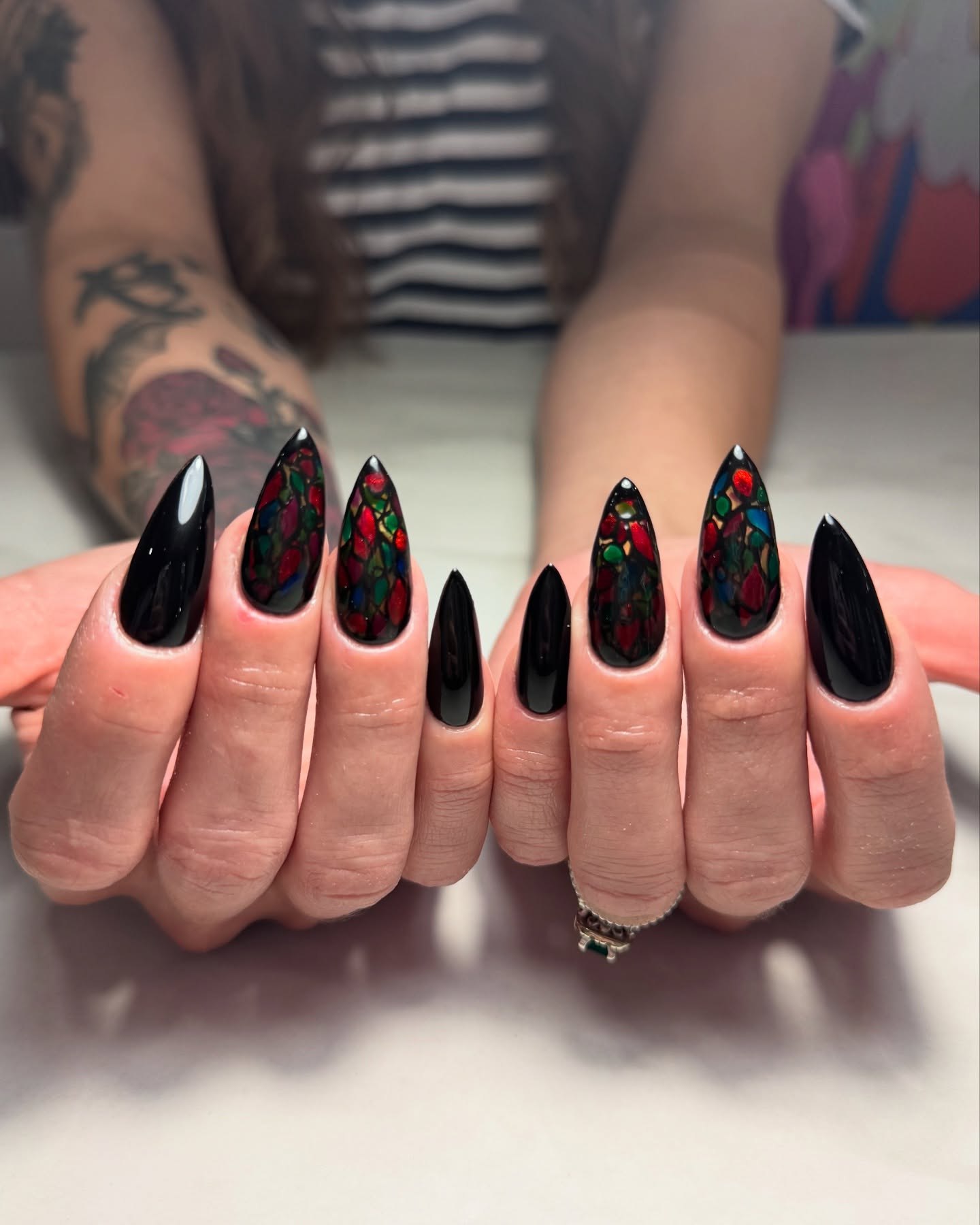 Glossy Black Stiletto Nails with Stained Glass Art