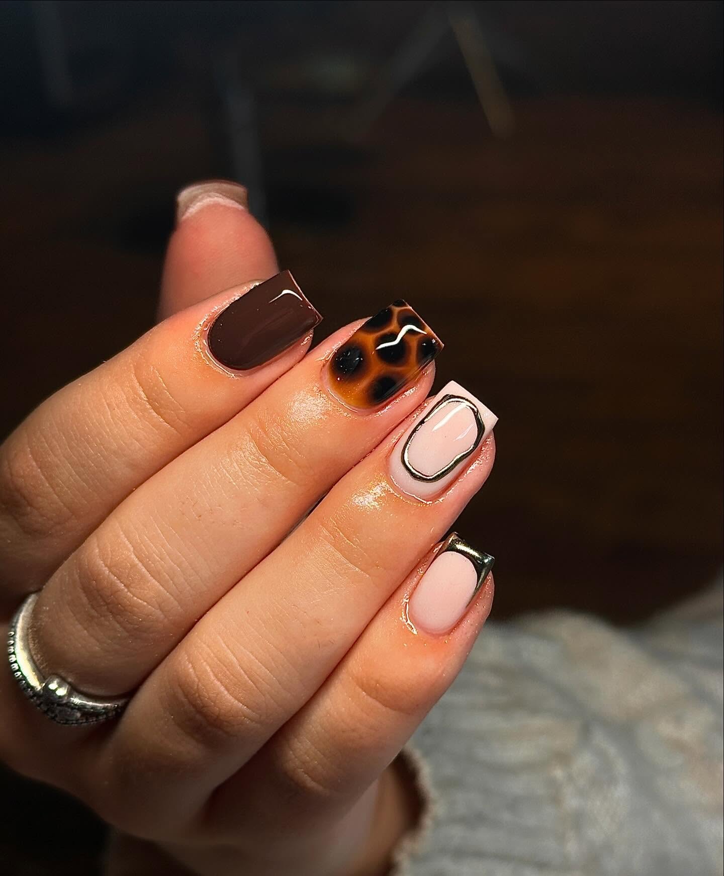 Glossy Brown and Leopard Print Square Nails