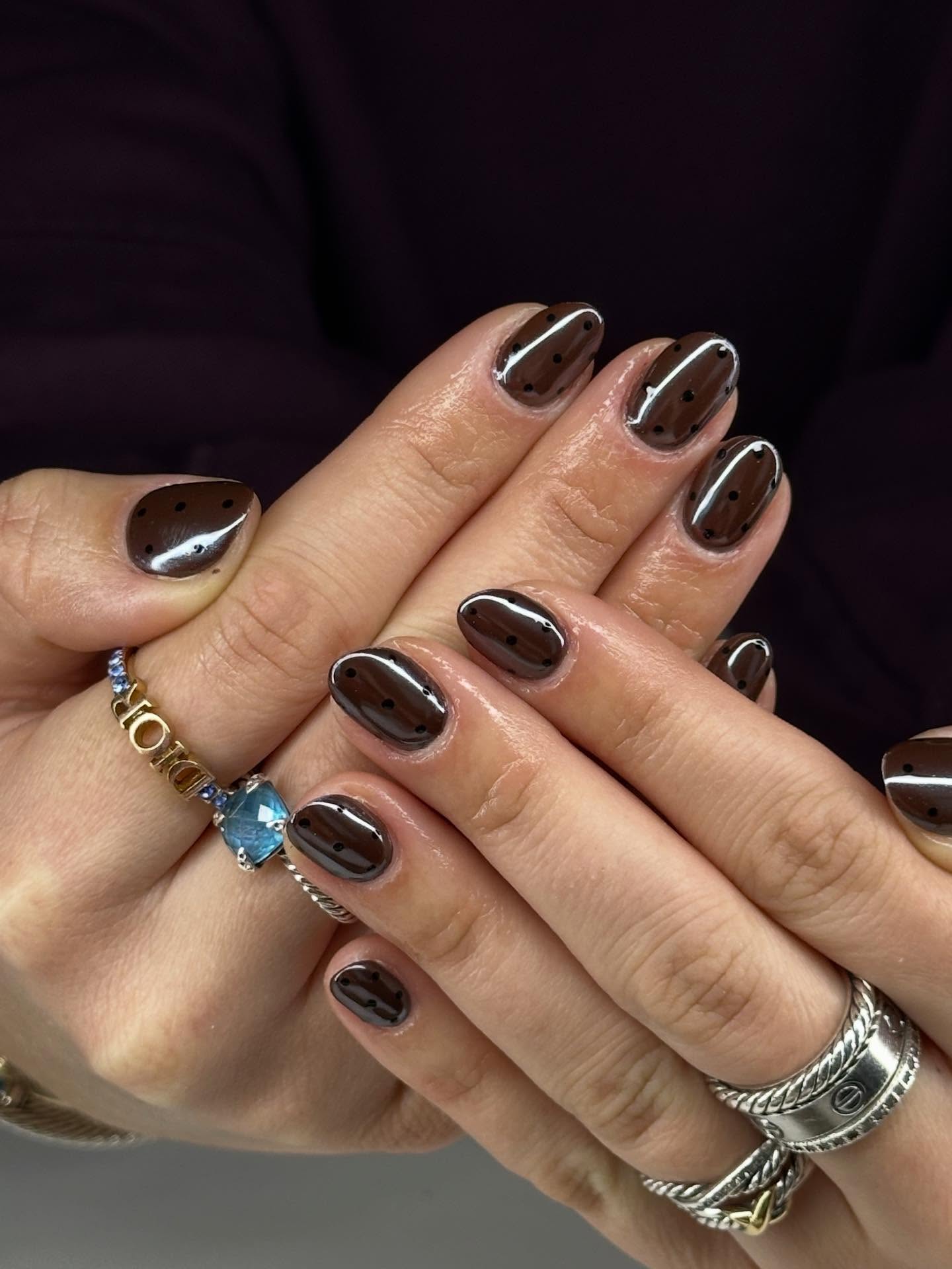 Glossy Chocolate Brown Polka Dot Oval Nails