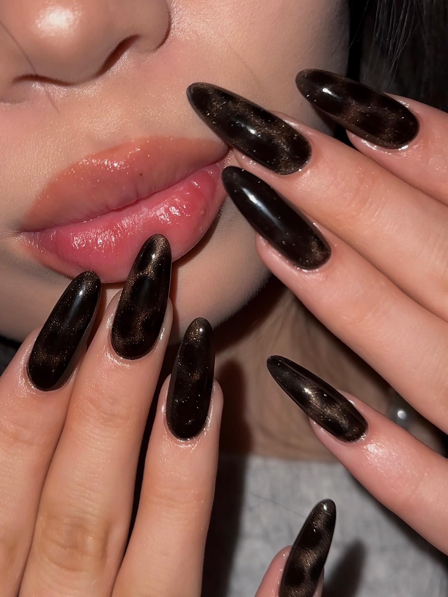 Glossy Dark Cat Eye Almond Nails