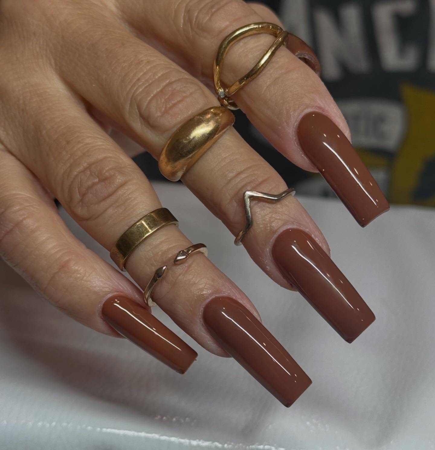Glossy Rich Brown Square Coffin Nails