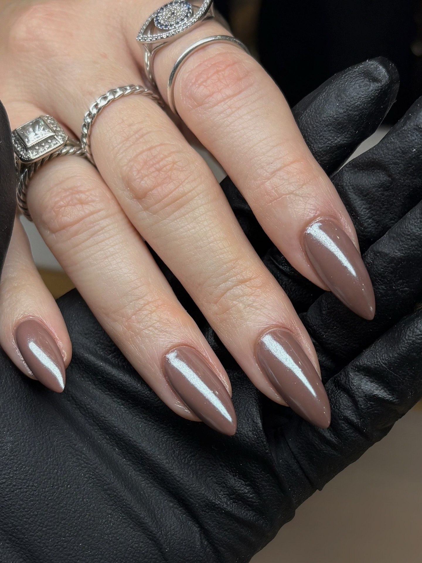 27 Chic Neutral Fall Nail Ideas You Need for 2026 22 Glossy Taupe Almond Stiletto Nails
