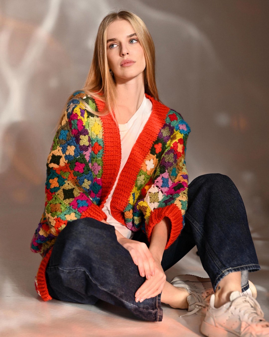 27 Cardigan Outfit Ideas You Need for 2026 15 Granny Square Cardigan With Dark Wash Denim