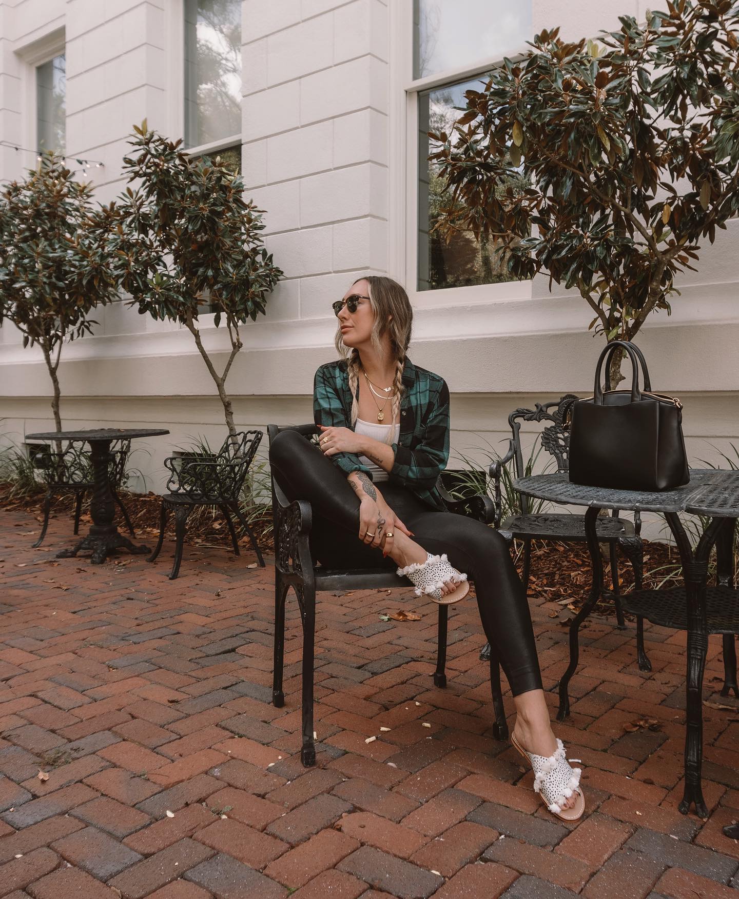 30 Transitional Fall Outfits You Need Now 17 Green Plaid Shacket With Faux Leather Pants
