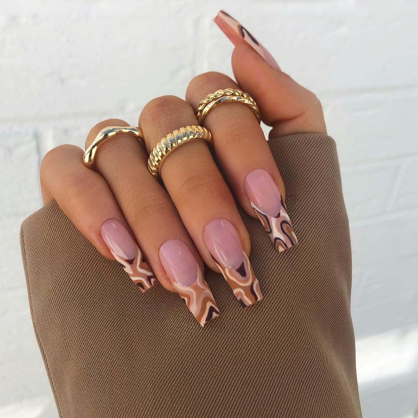 Groovy Swirl French Tip Coffin Nails