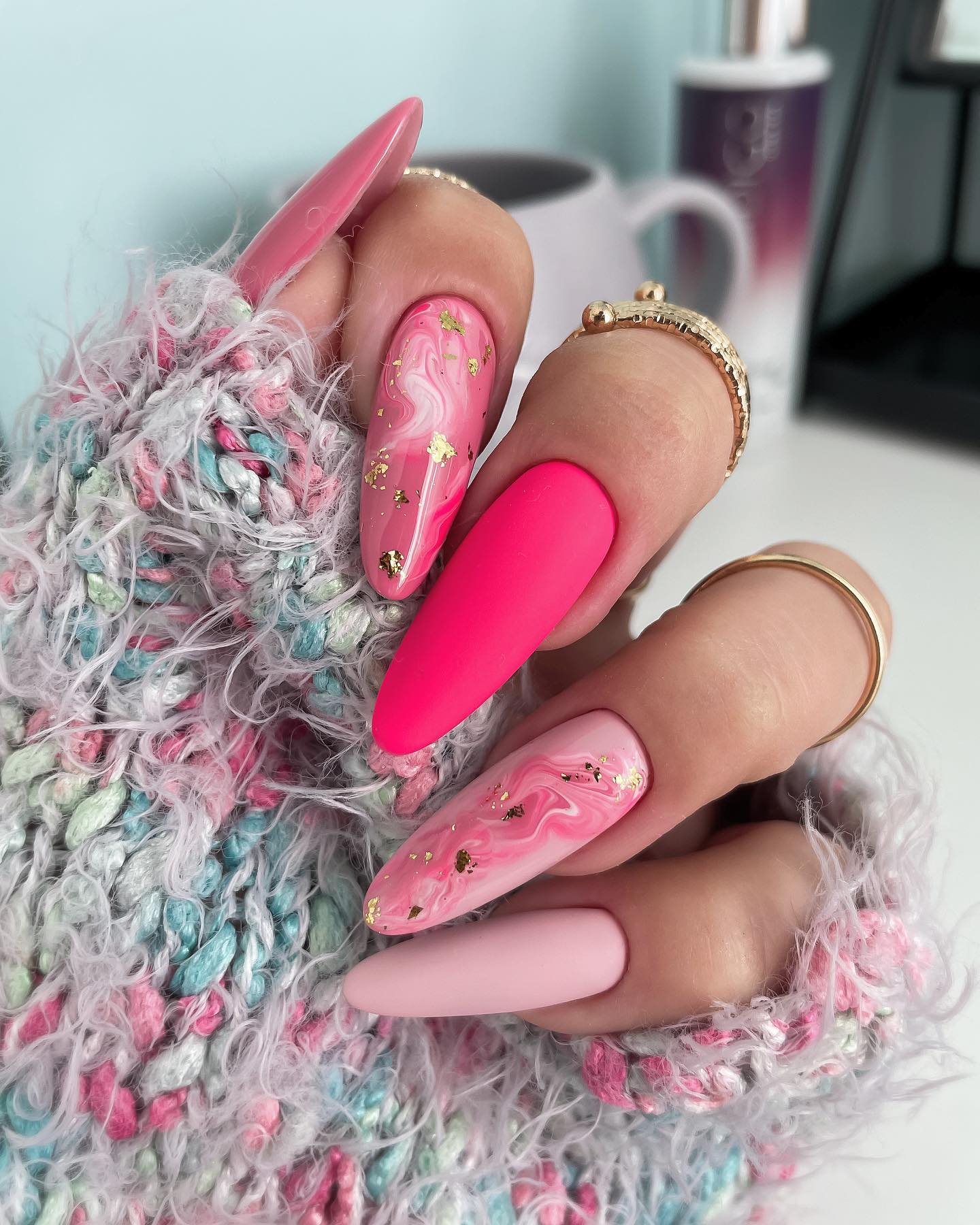 Hot Pink Marble Coffin Nails with Gold Flakes