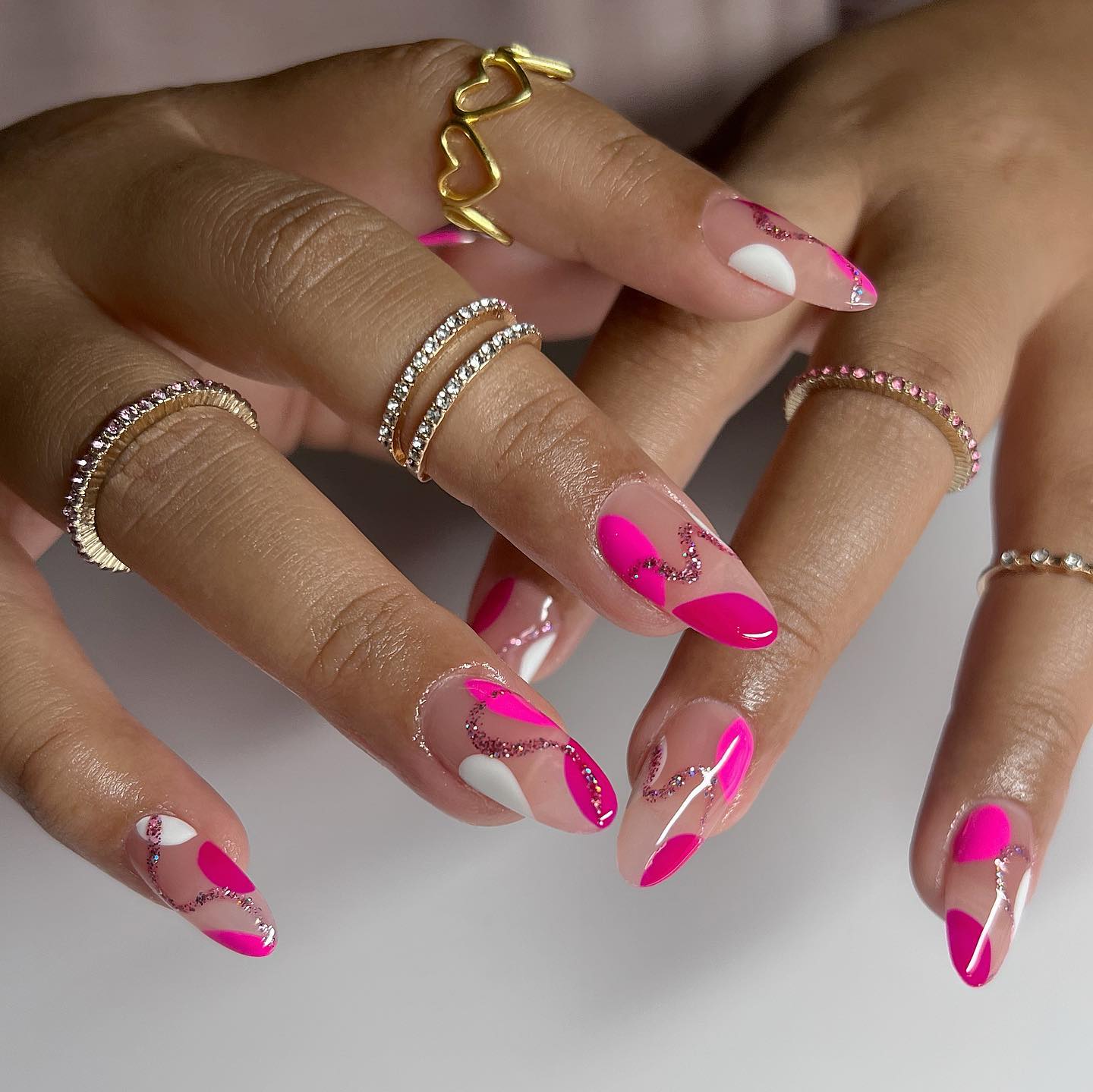 Hot Pink & White Abstract Heart French Tips