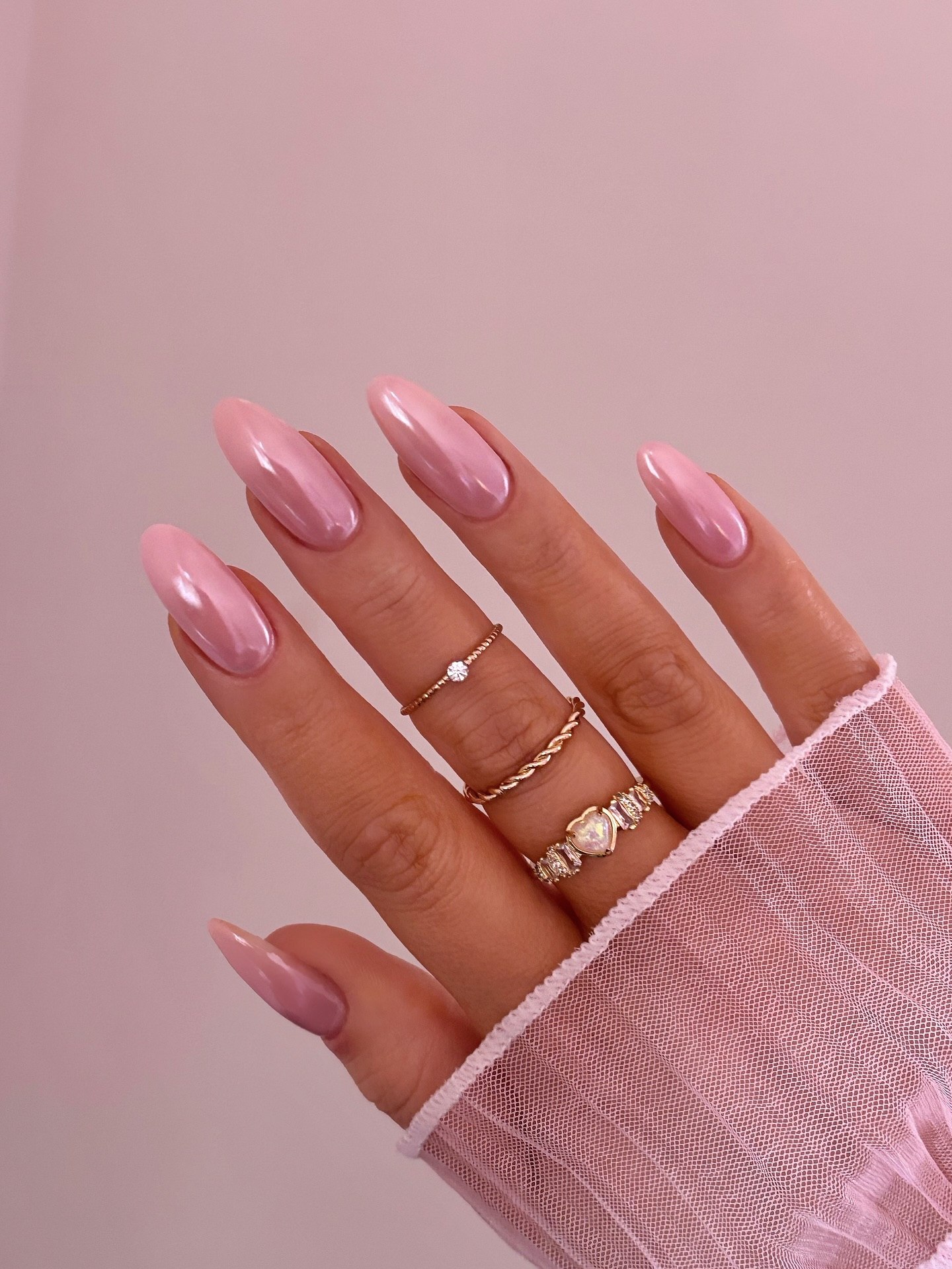 Iridescent Pink Almond Shape Glossy Nails
