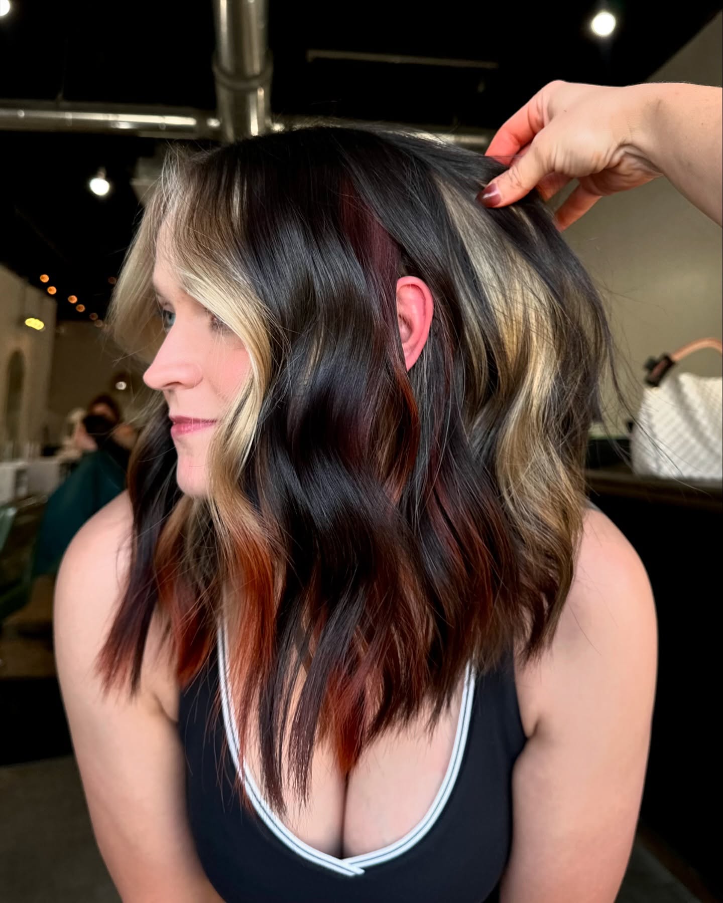 29 Calico Hair Color Styles You Need to See for 2026 22 Layered Collarbone Lob With Copper & Blonde Highlights