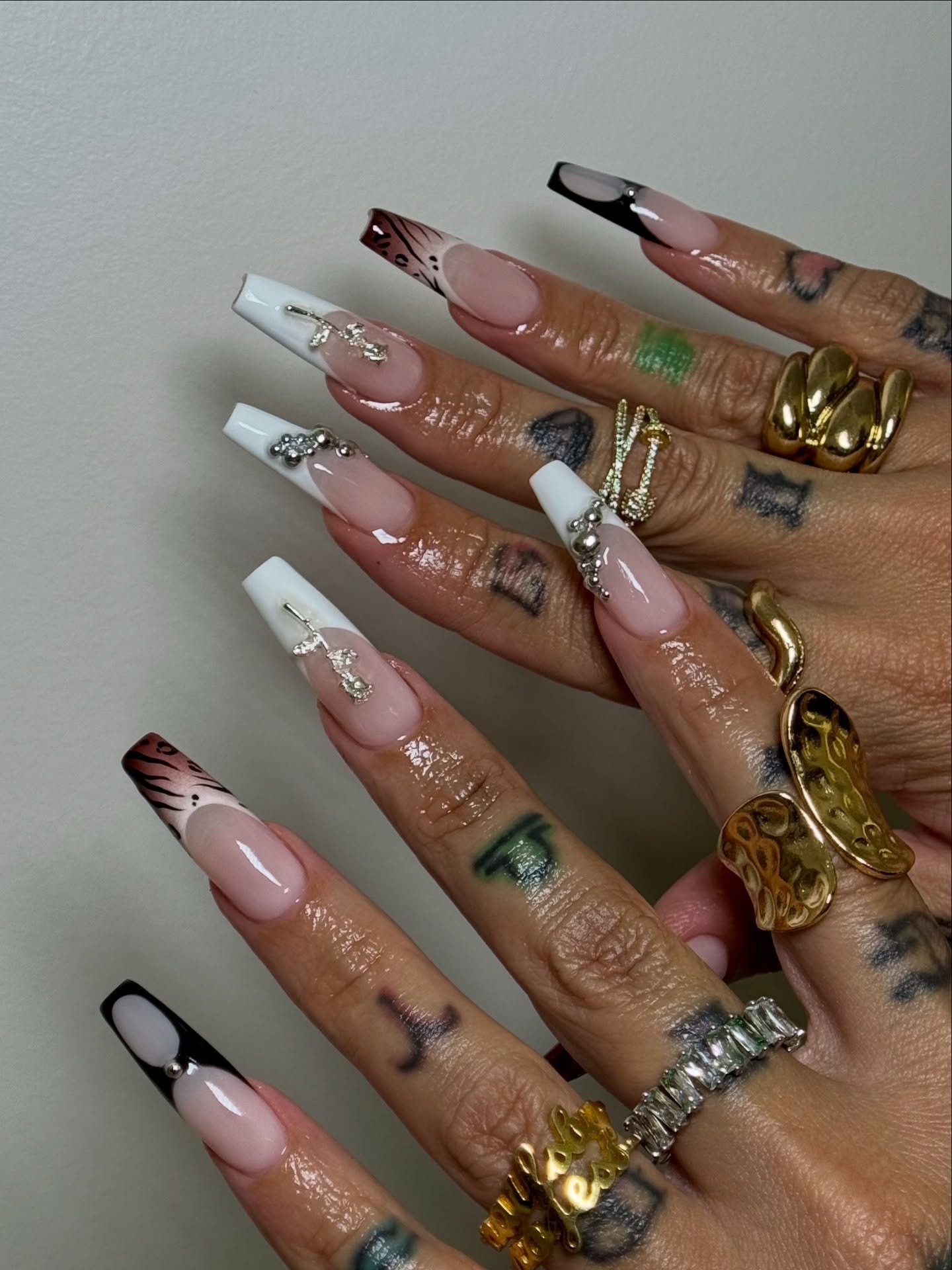 Mixed Media Gem & Animal Print French Coffin Nails