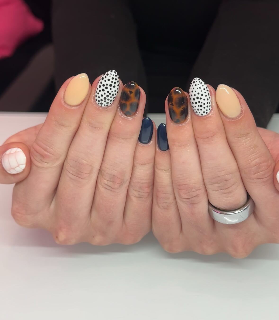 25 Fall Nail Ideas You Need to Try in 2026 4 Mixed Media Tortoiseshell and Polka Dot Almond Nails