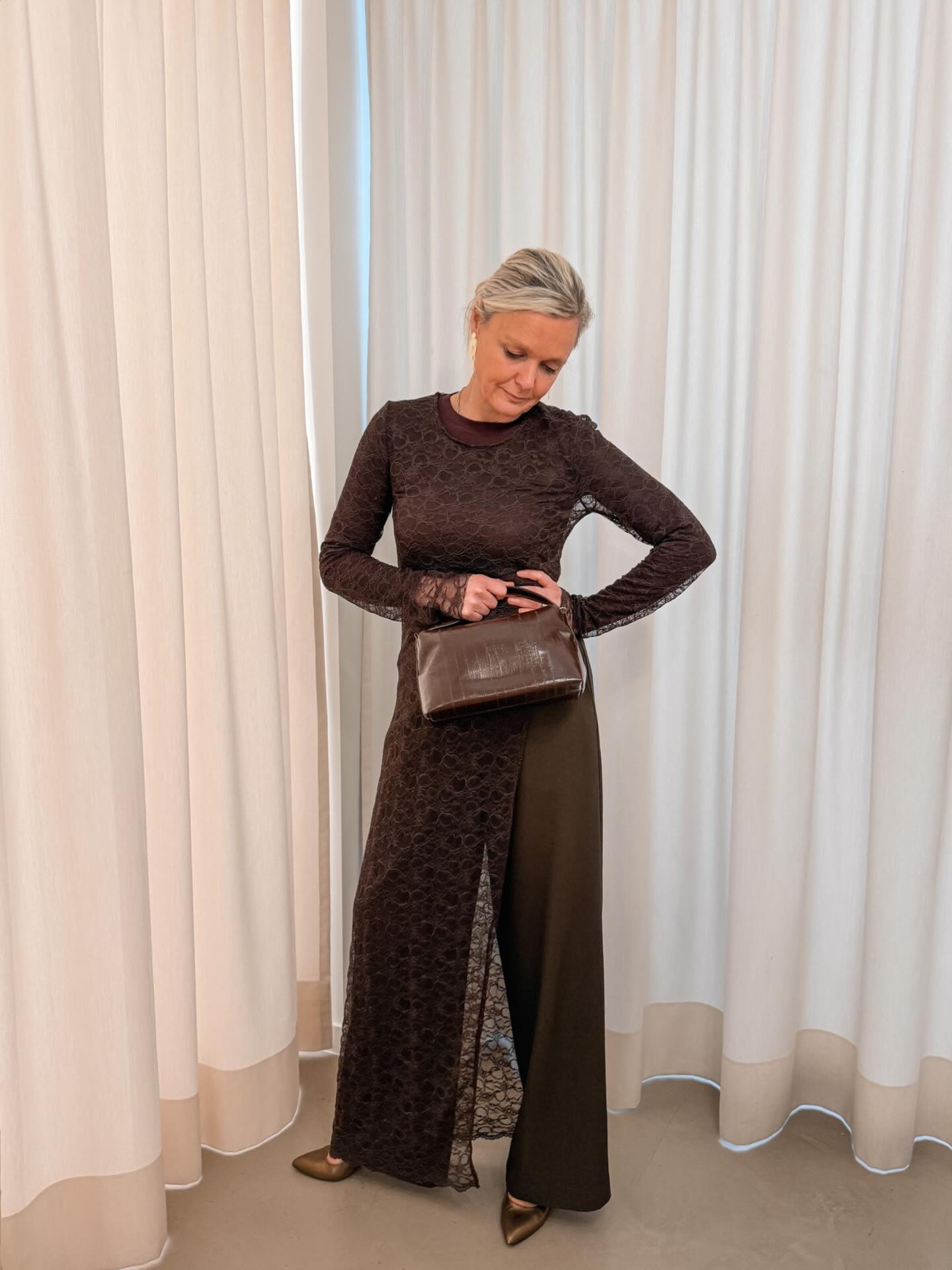 25 Fall Party Outfit Ideas You Need for 2026 17 Monochrome Lace Maxi Dress With Coordinating Trousers