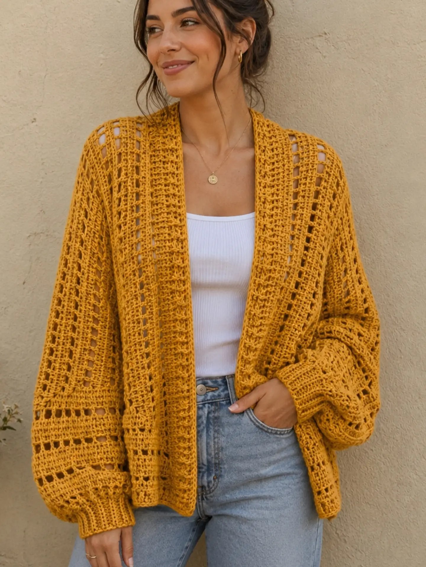 27 Cardigan Outfit Ideas You Need for 2026 11 Mustard Crochet Cardigan And Light Wash Jeans