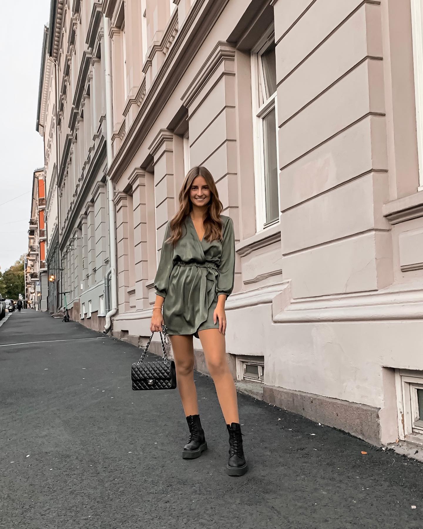 25 Fall Birthday Outfit Ideas You Need for 2026 20 Olive Satin V-Neck Dress With Chunky Boots