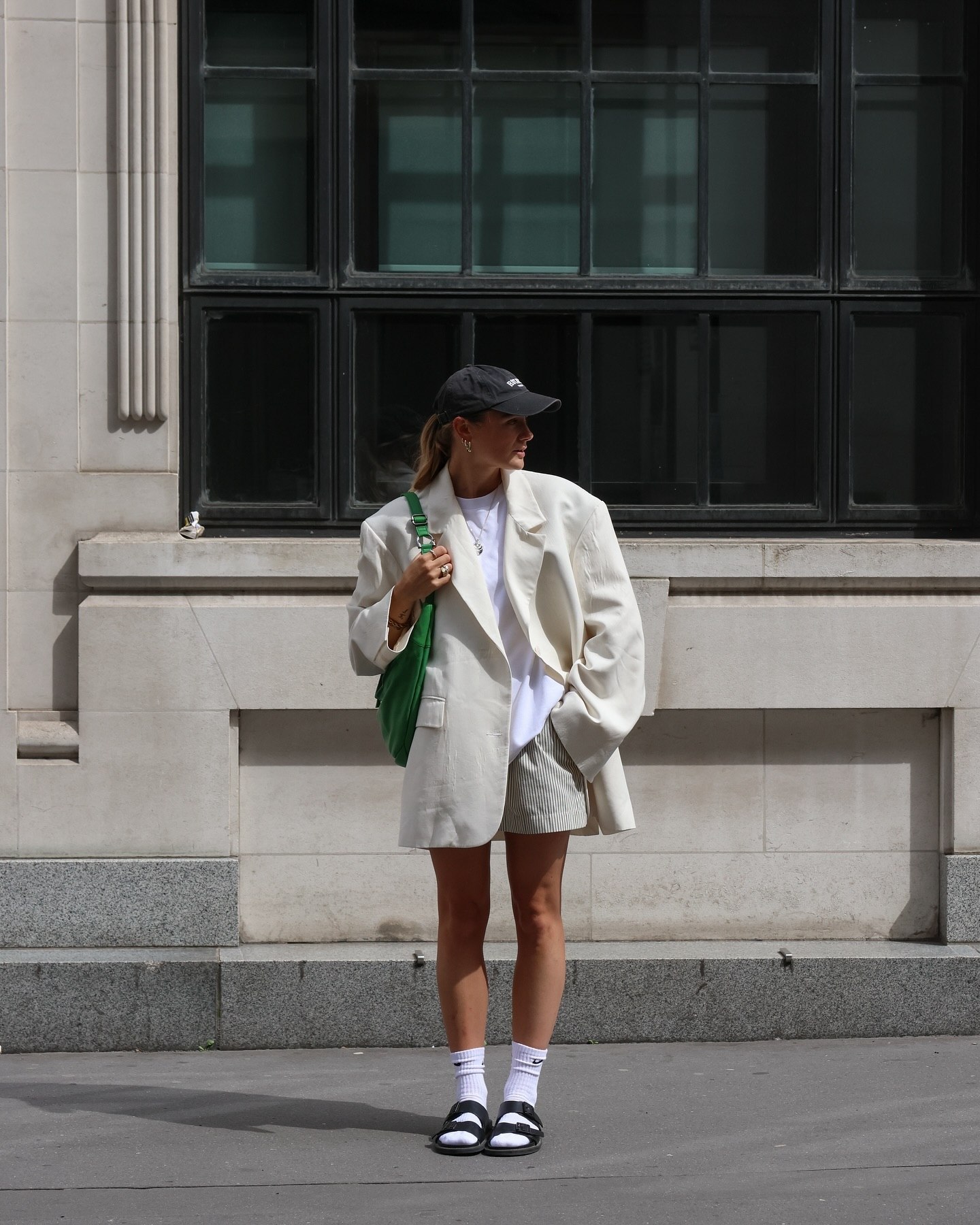 26 Blazer Outfit Ideas You Need for 2026 10 Oversized Cream Blazer With Striped Shorts Look