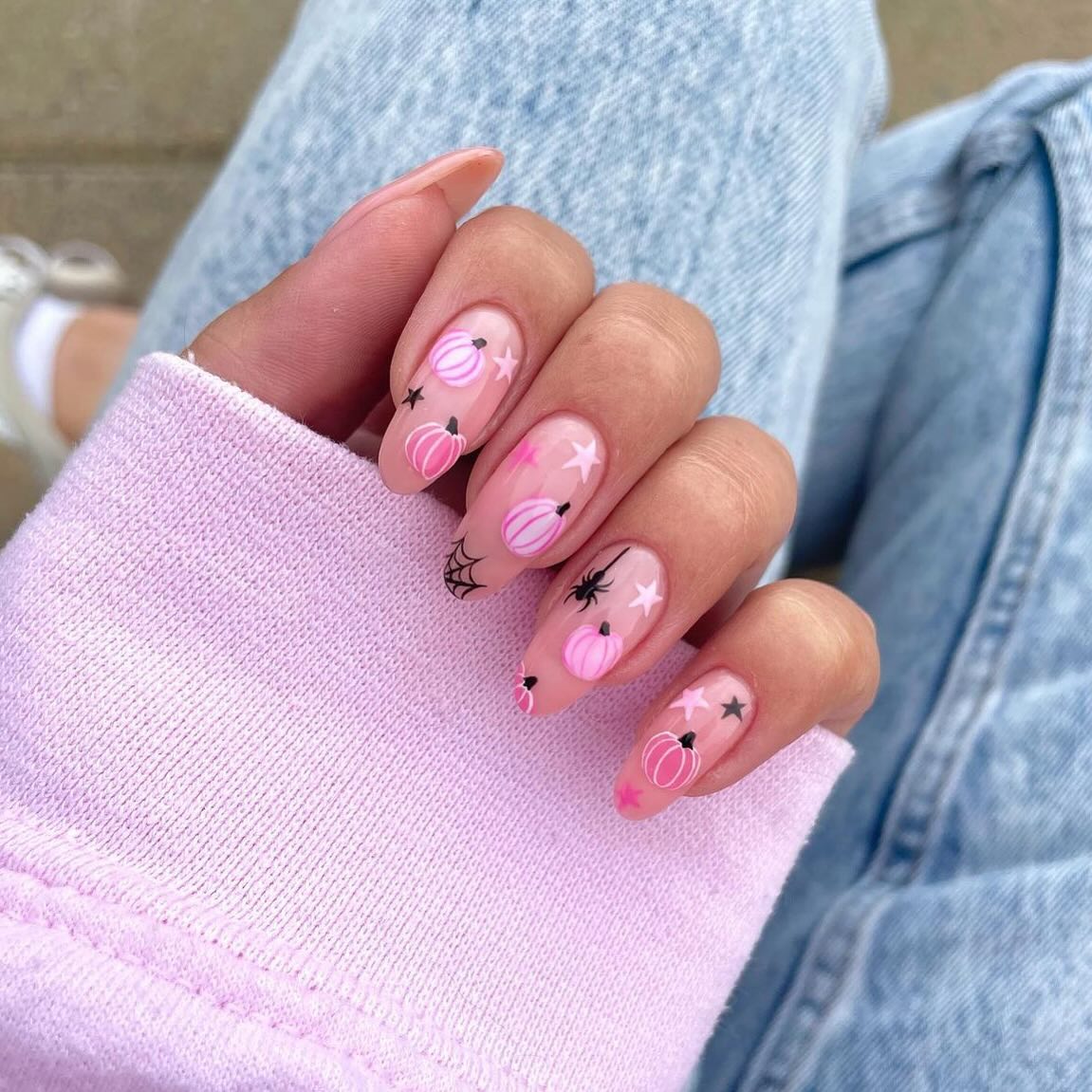 Pastel Pink Pumpkin Halloween Almond Nails