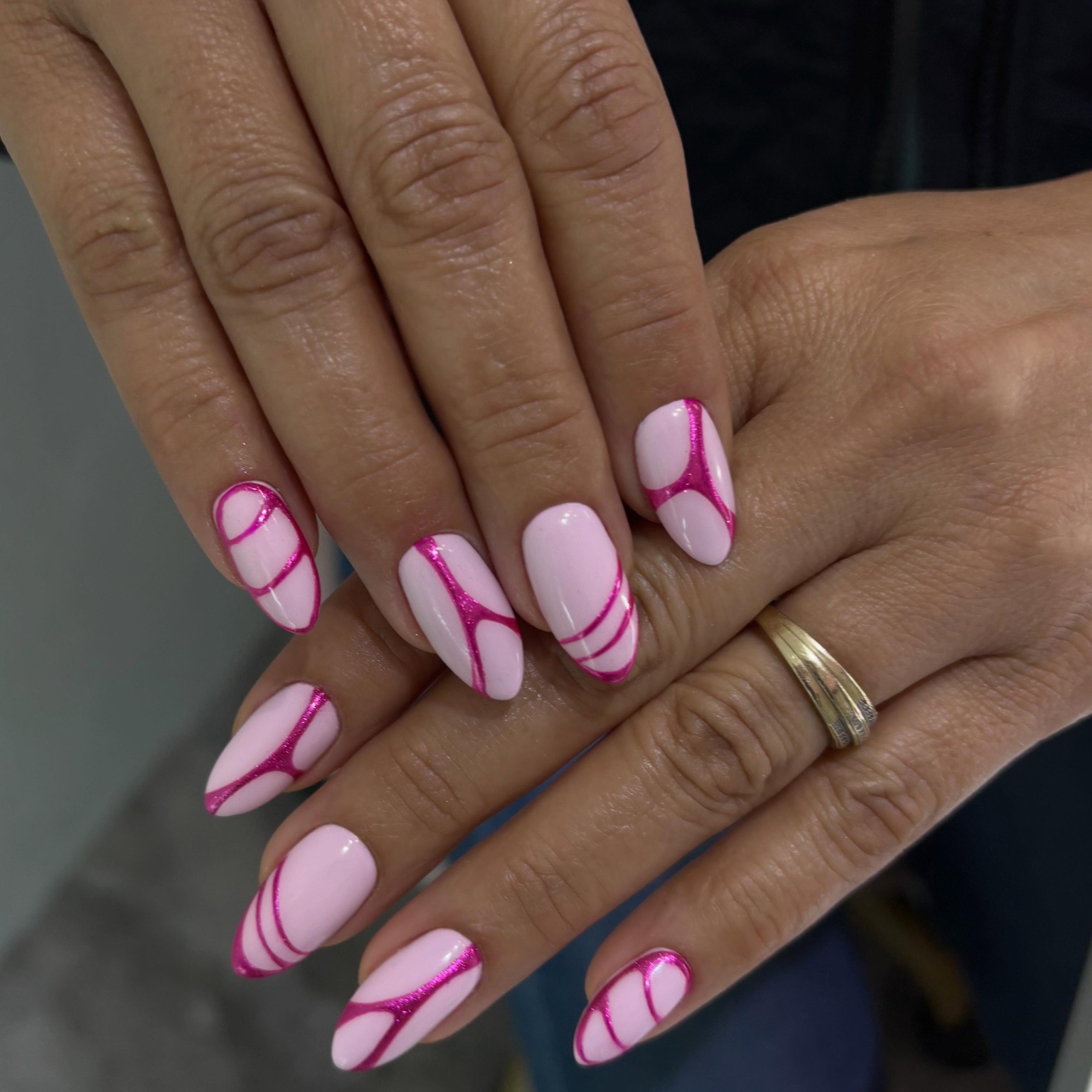 Pastel Pink Swirl Aura Almond Nails