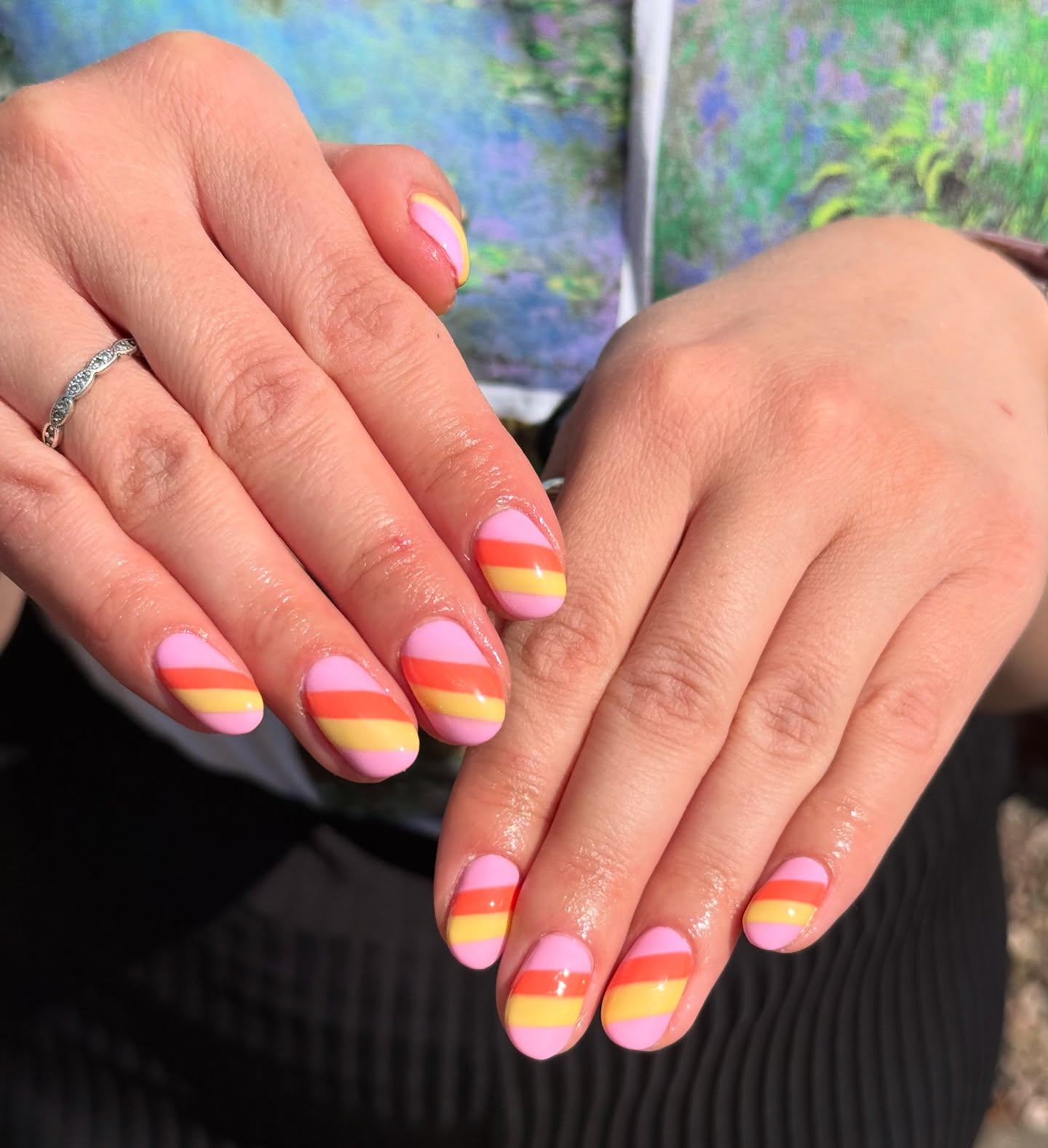 27 End of Summer Nail Ideas for 2026 6 Pink Candy Corn Striped Oval Nails